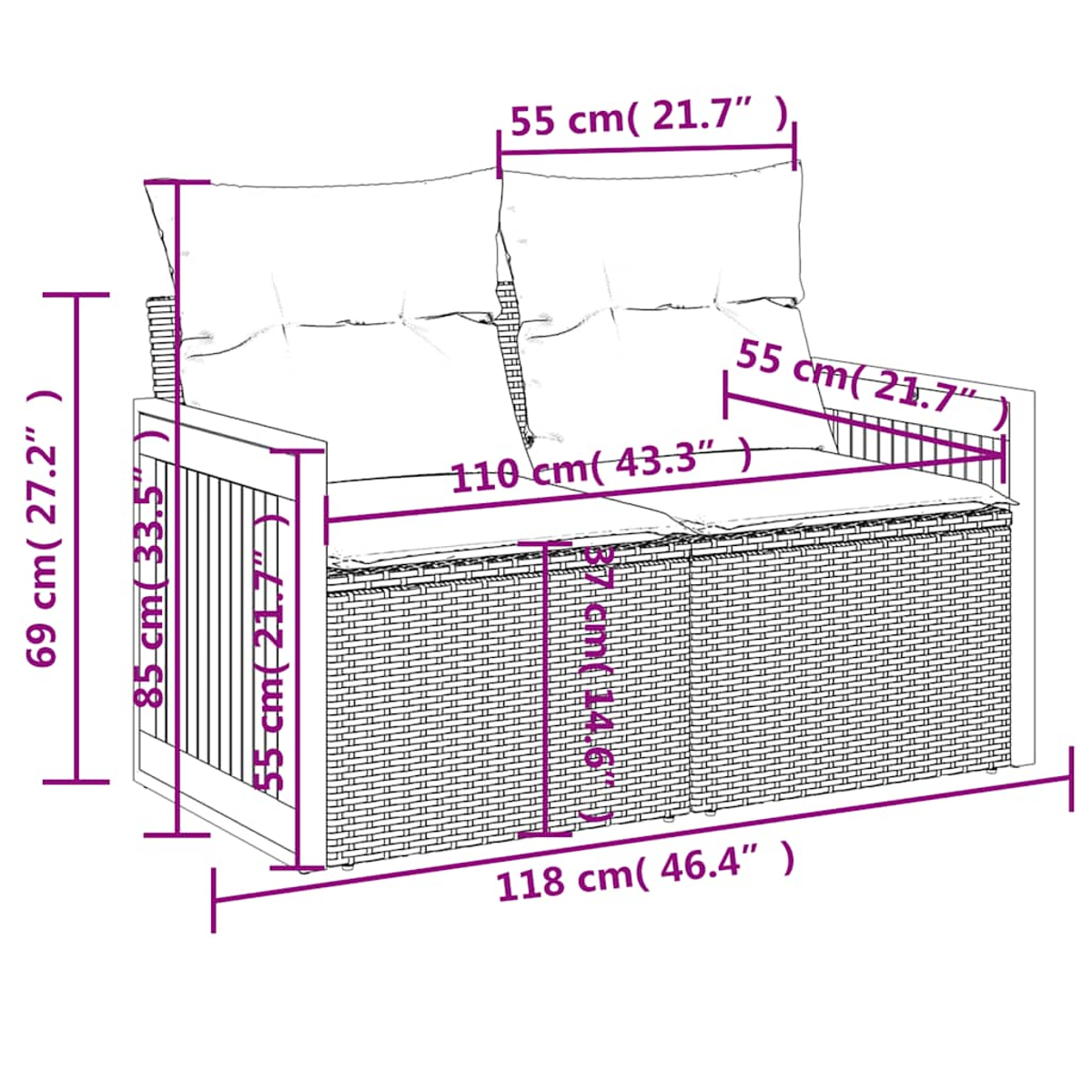 Ein Sofa für zwei Personen im Korbstil mit Kissen. Die Abmessungen sind angegeben: 118 cm, 69 cm, 85 cm, 55 cm und 110 cm.