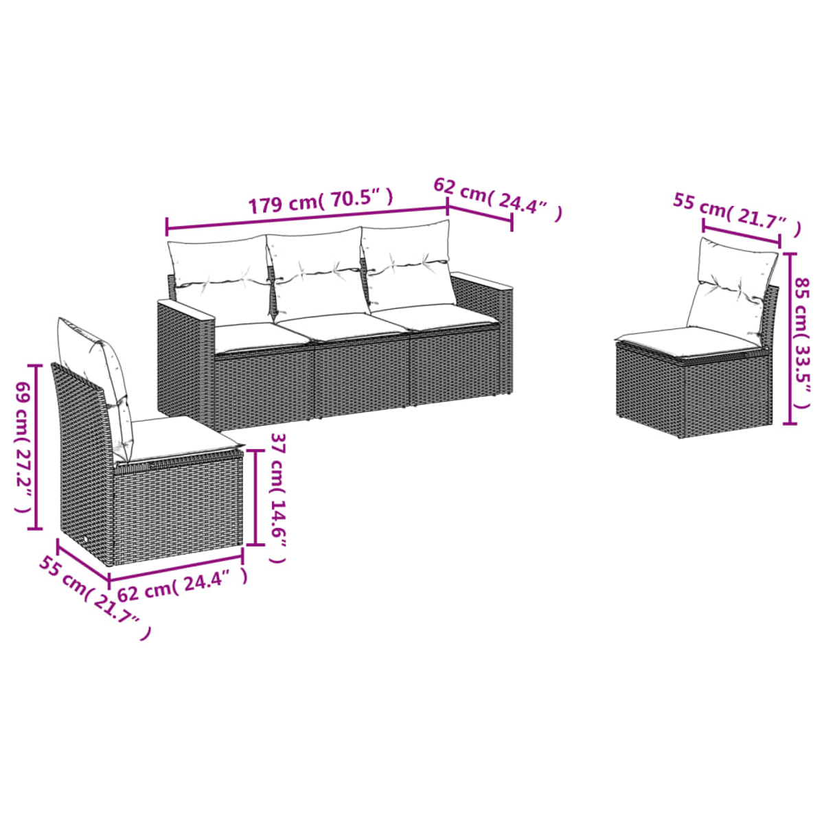 Ein geflochtenes Gartenmöbel-Set mit Maßangaben. Es umfasst ein Dreisitzer-Sofa und zwei Einzelstühle mit Kissen.