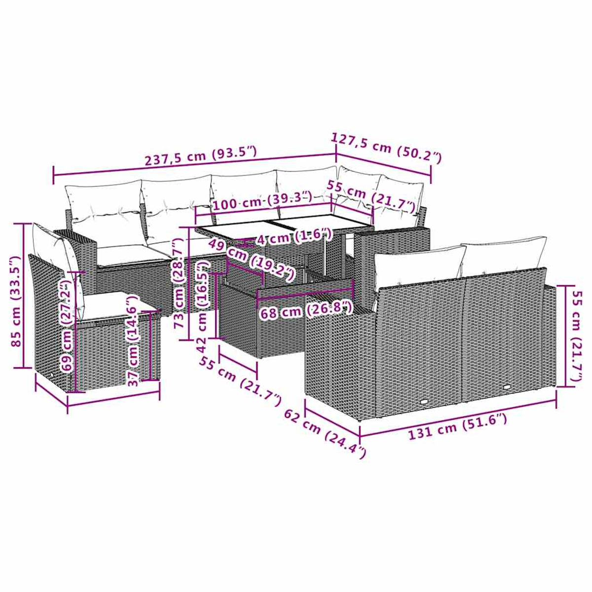 Diagramm eines Outdoor-Korbmöbelsets mit Maßen. Enthält ein Sofa, zwei Stühle und einen Tisch.