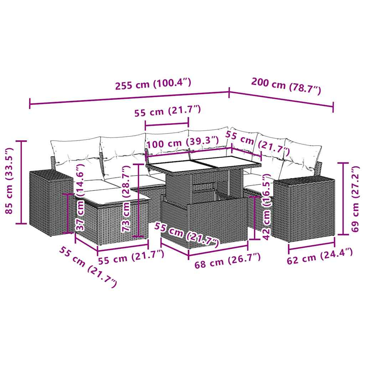 Ein Diagramm zeigt die Abmessungen eines Rattan-Sofasets. Maße umfassen Längen, Höhen und Breiten der Teile.