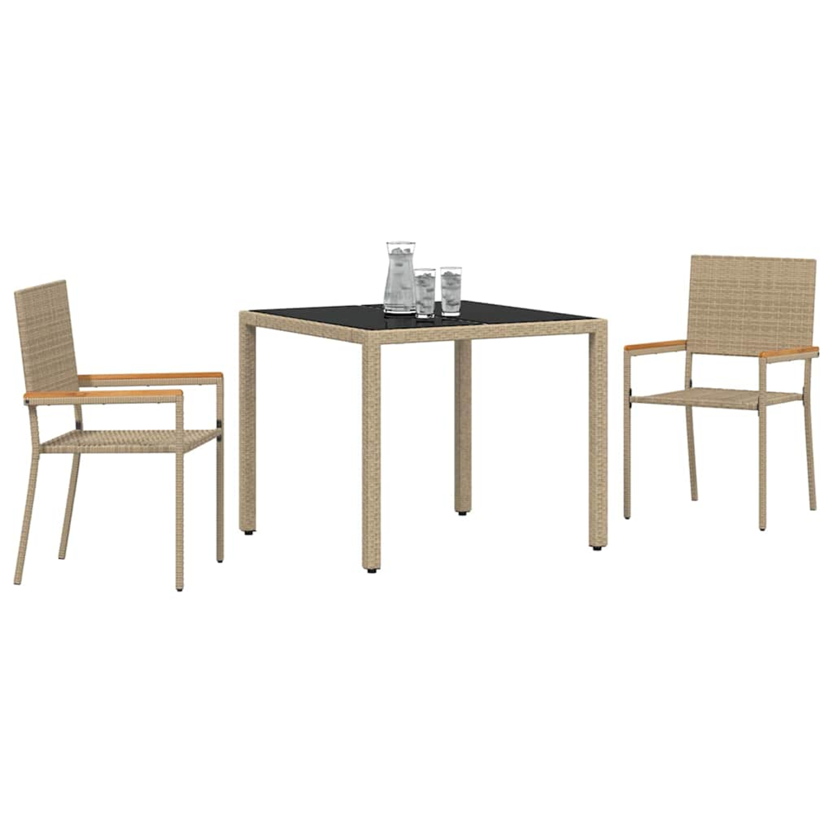 Una mesa cuadrada con dos sillas y una jarra de agua con dos vasos encima. Todo marrón claro sobre fondo blanco.