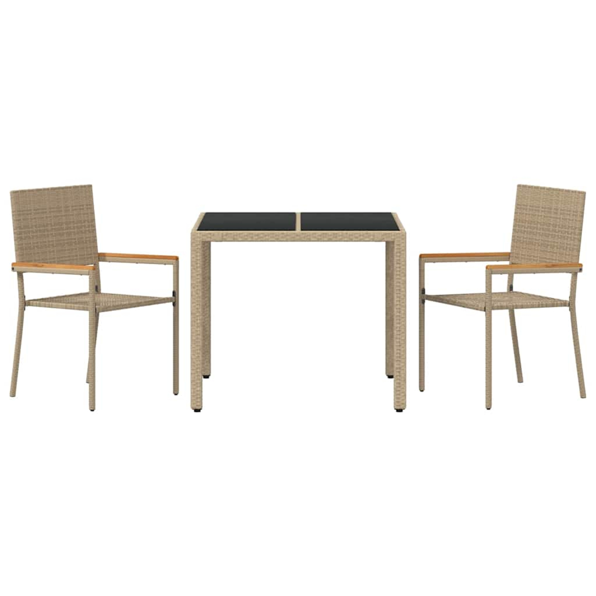 Mesa de mimbre con dos sillas. La mesa tiene una tapa negra. Las sillas tienen reposabrazos de madera. El beige domina la escena.