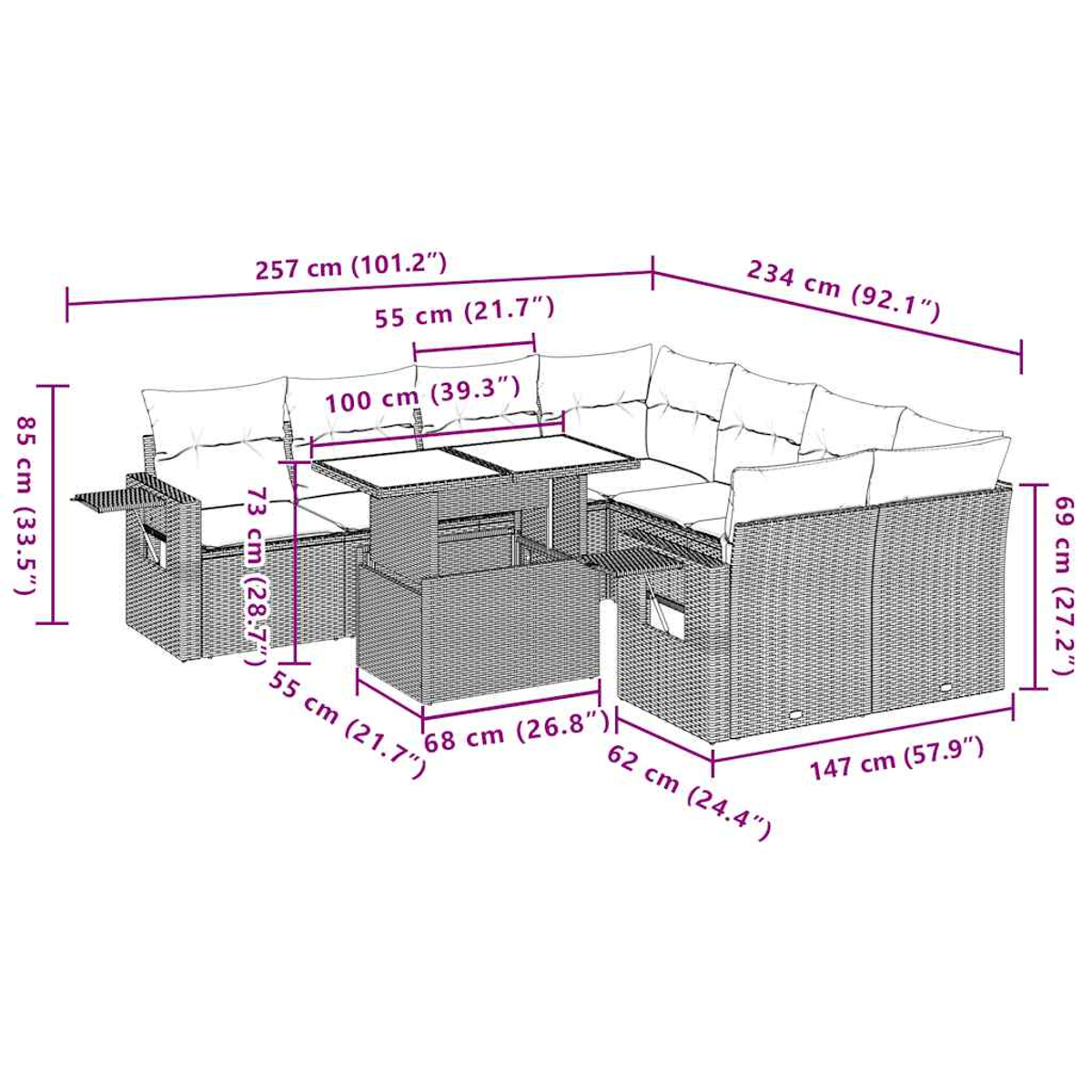 Sofá seccional de exterior de mimbre con dimensiones etiquetadas. Incluye mesa y cojines. Medidas en cm y pulgadas.