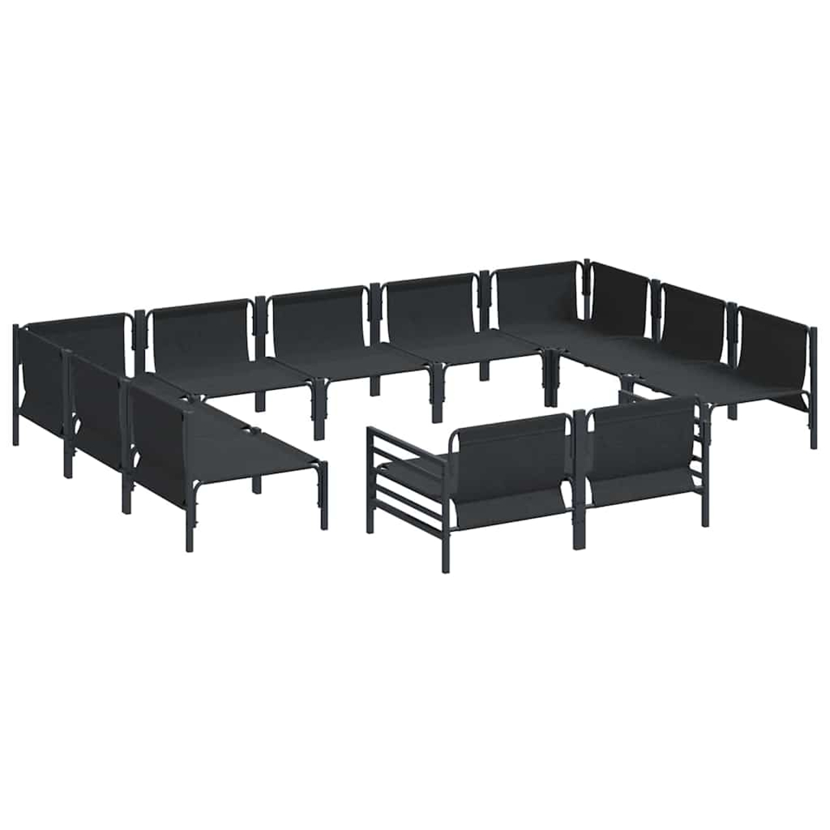 Anordnung schwarzer Gartenmöbel: Sonnenliegen und Sofas. Die Möbel sind kreisförmig angeordnet, mit weißem Hintergrund.