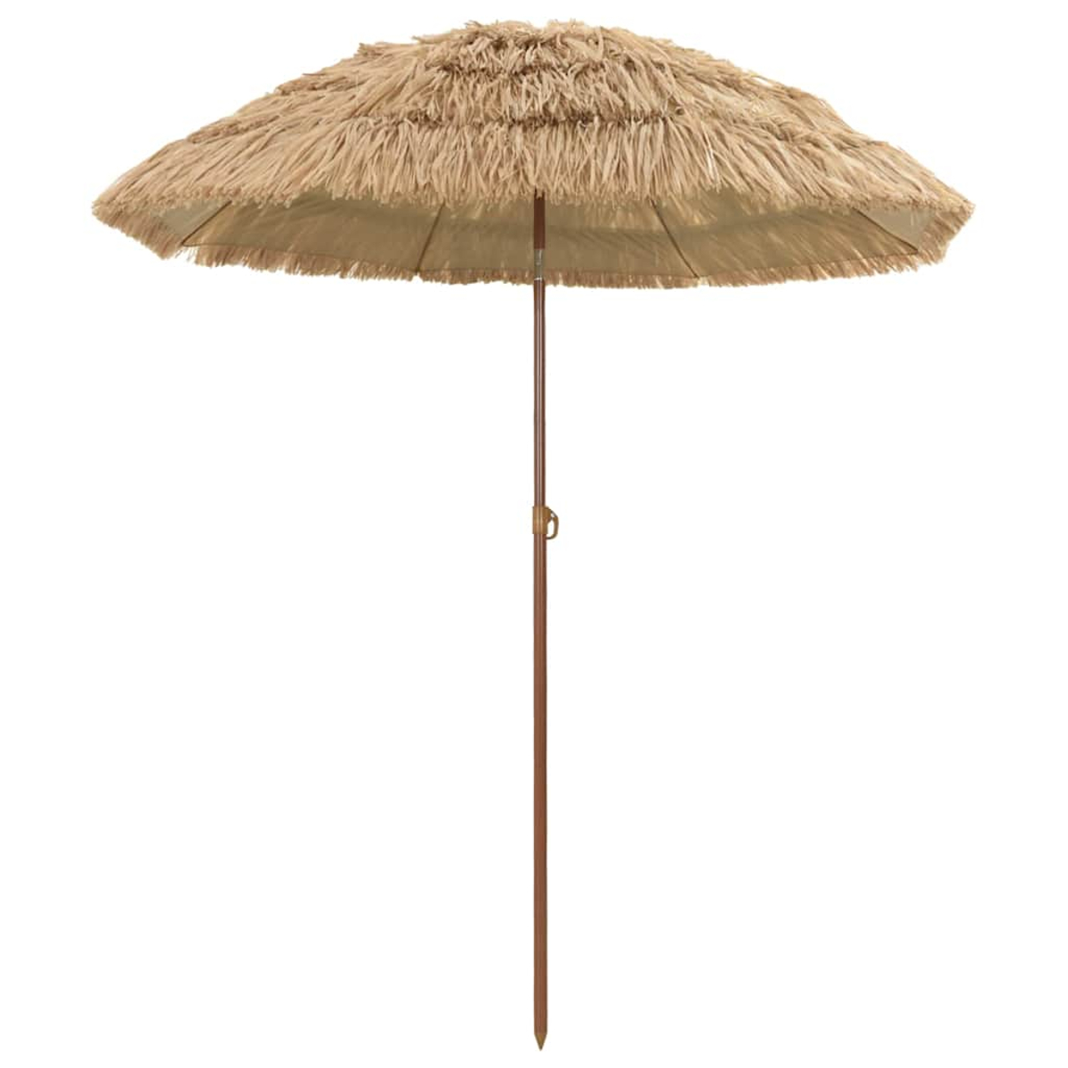 Ein beigefarbener Stroh-Strandsonnenschirm mit Holzstiel. Der Schirm ist offen und zeigt die Innenseite und den Fransen. Der Hintergrund ist weiß.