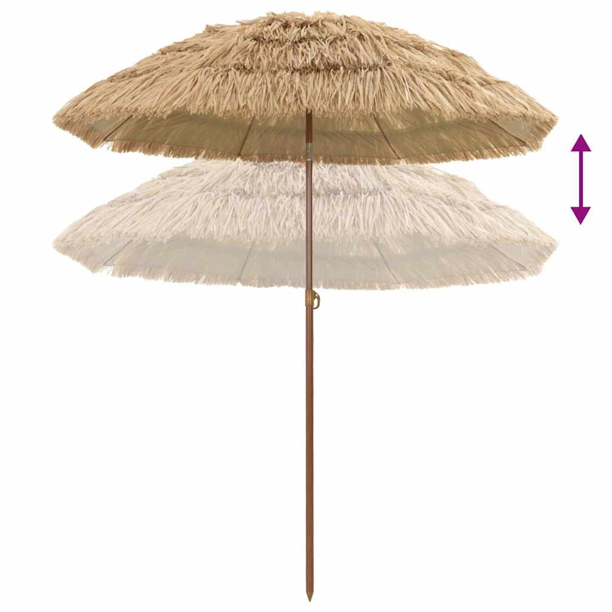Ein beigefarbener Stroh-Strandschirm mit Holzstiel. Der Schirm wird in zwei Positionen gezeigt, eine über der anderen, was eine Anpassung anzeigt.