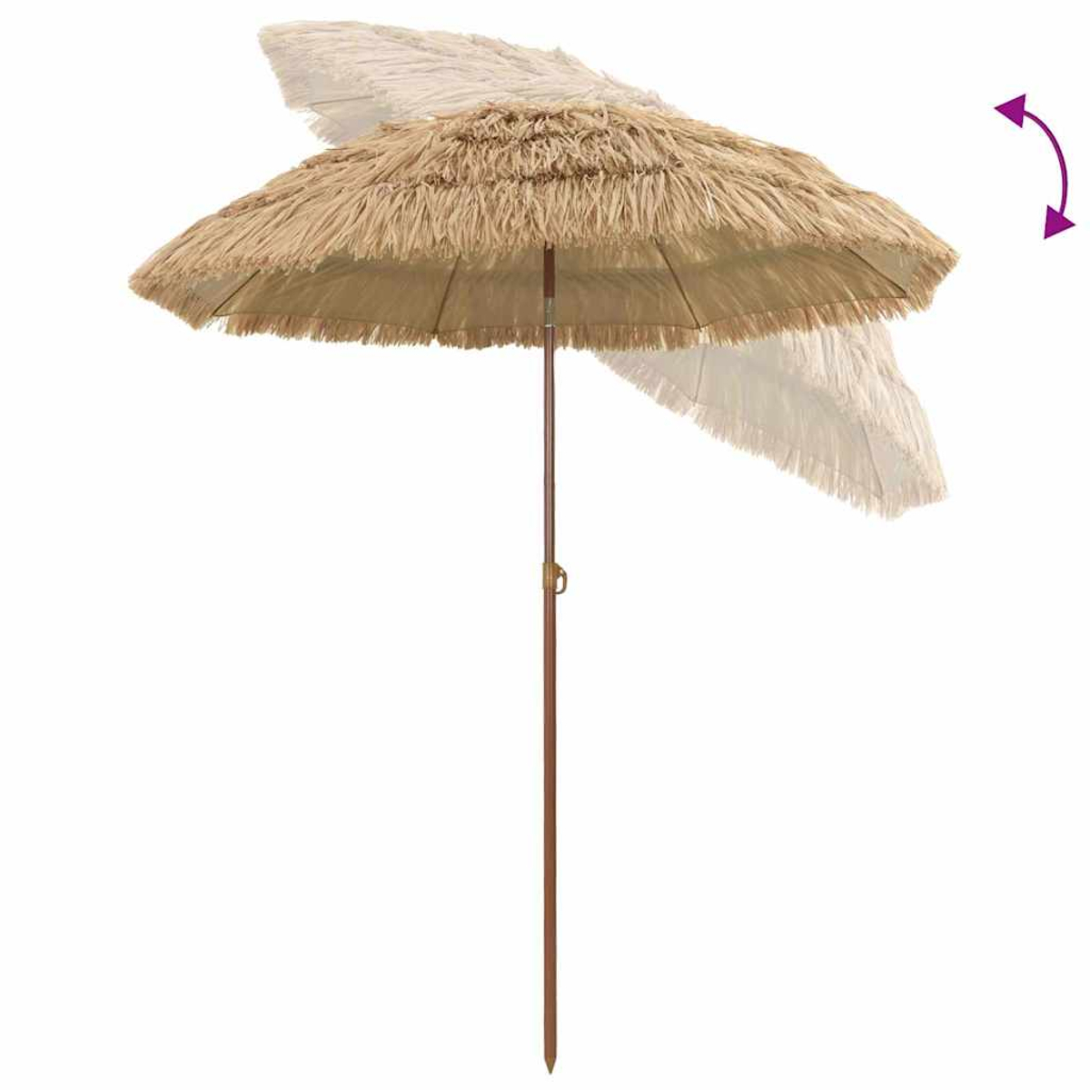 Ein strohähnlicher Sonnenschirm wird gezeigt. Er ist braun und hat einen Holzpfahl. Ein Pfeil zeigt die Neigungsbewegung des Schirms an.
