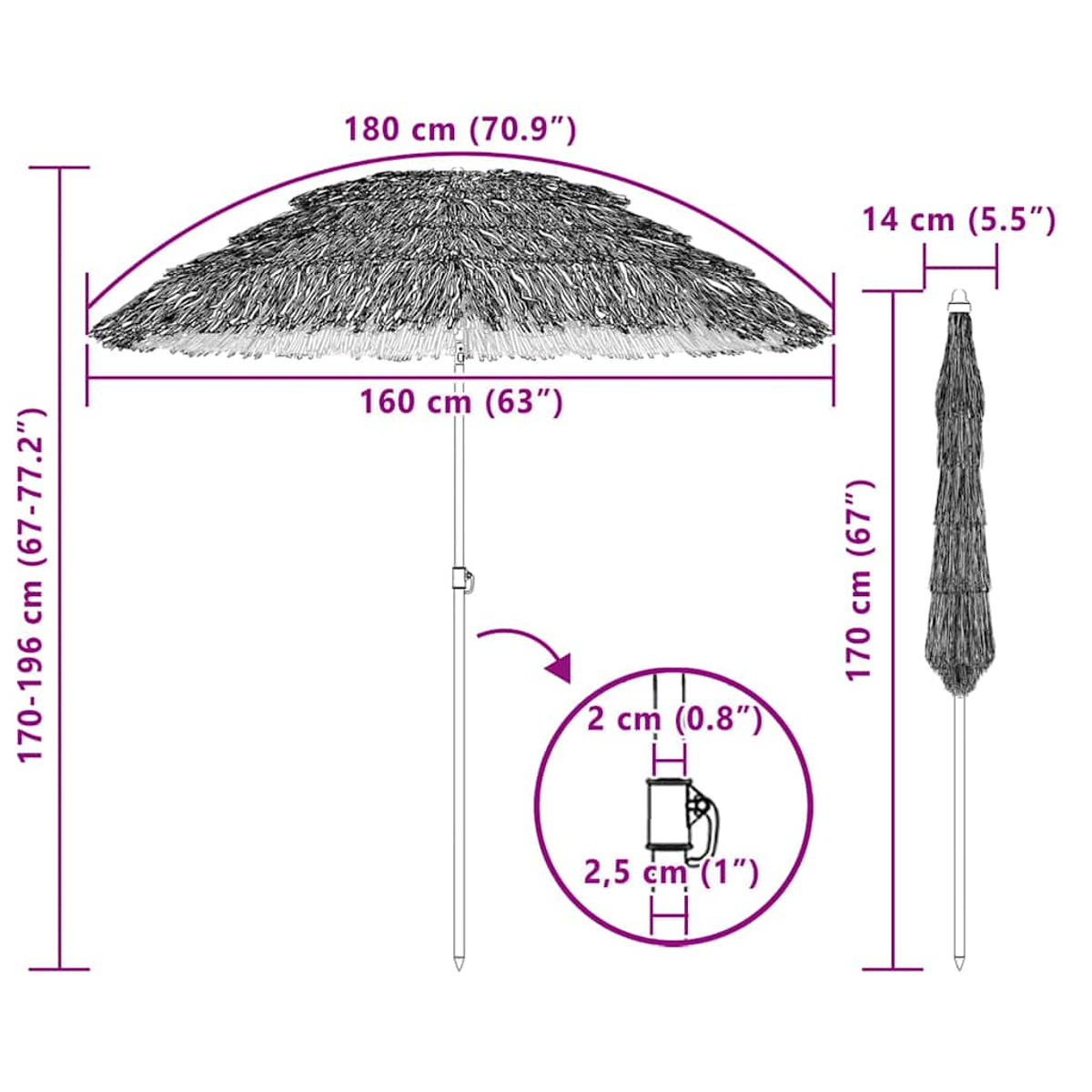 Eine Illustration zeigt die Abmessungen eines Sonnenschirms. Der Schirm hat einen Durchmesser von 180 cm und eine Höhe von 170-196 cm.