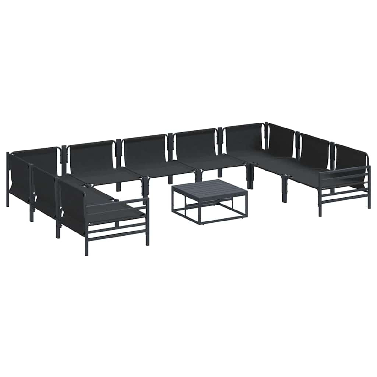 Ein modulares Gartenmöbelset. Es besteht aus mehreren dunkelgrauen Sitzelementen und einem kleinen quadratischen Tisch, alles auf weißem Grund.