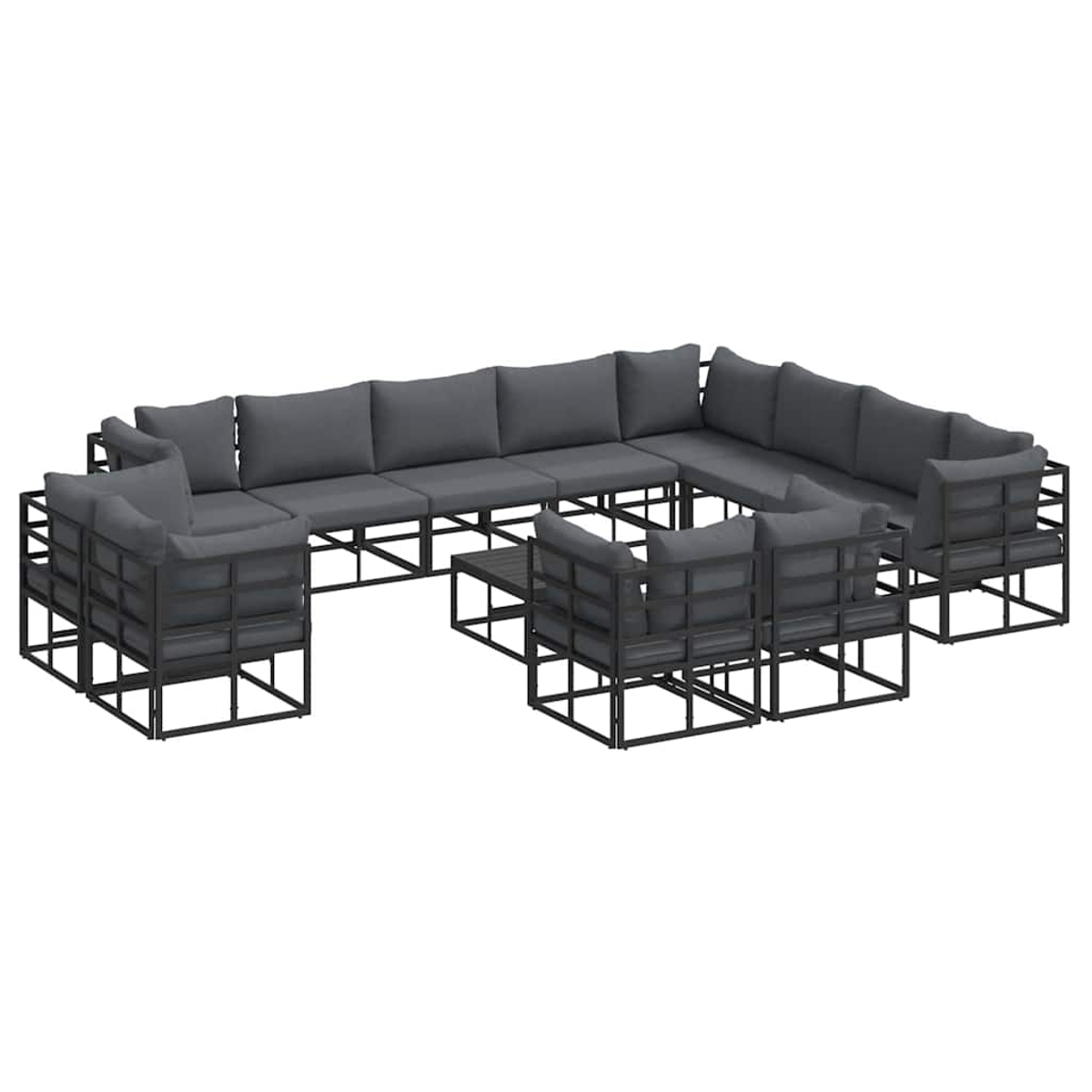 Un set di mobili modulari per esterni. Include un ampio divano componibile, poltrone e un tavolino. Tutti i pezzi hanno cuscini grigi e telai neri.