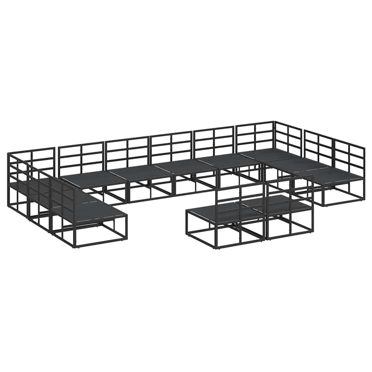 Eine erhöhte Bühnenstruktur aus schwarzen Metallrahmen und Oberflächen, angeordnet in einem komplexen, mehrstufigen Layout.