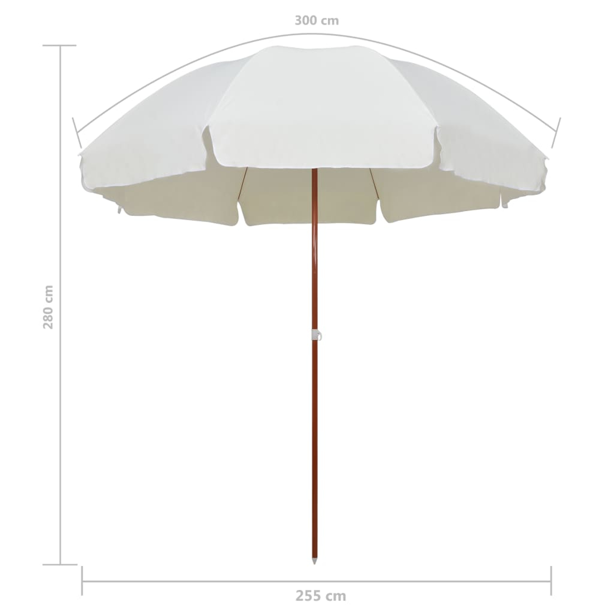 Un ombrellone bianco con palo in legno è mostrato. Dimensioni: altezza 280 cm, larghezza 300 cm e base 255 cm.