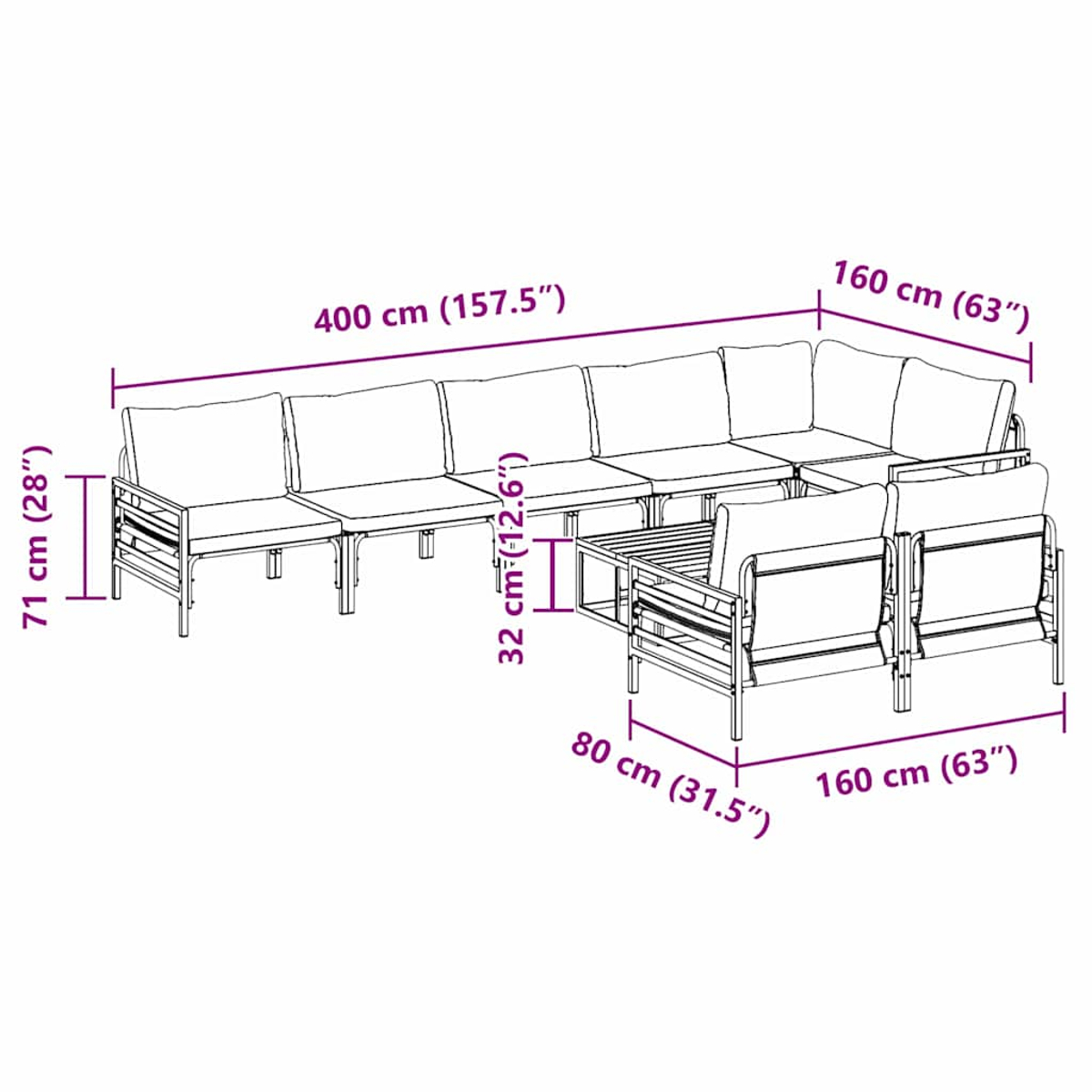 Un diagrama muestra un sofá seccional exterior grande con dimensiones. Incluye una mesa de centro y dos sillones.
