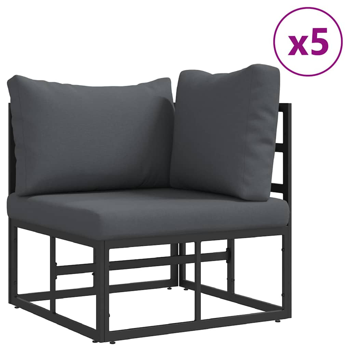 Dunkelgraues Ecksofa mit zwei Kissen, schwarzem Metallrahmen. Text 'x5' in einem lilafarbenen Kreis.