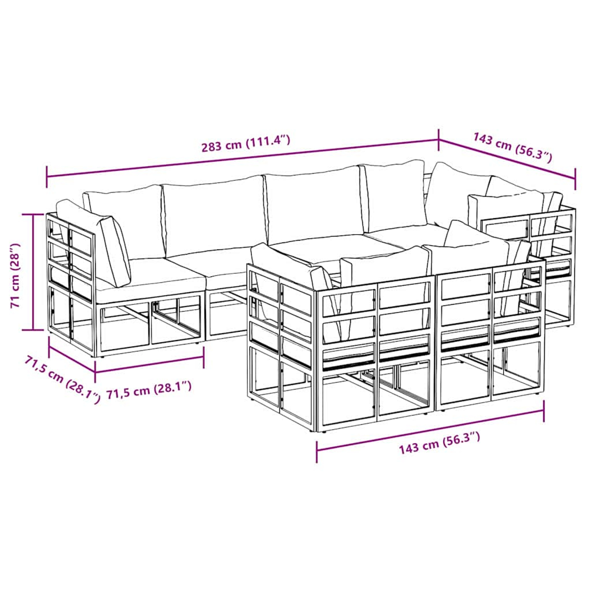 Ein Diagramm eines Ecksofas mit Abmessungen in cm und Zoll. Es hat ein Metallgestell und weiße Kissen.