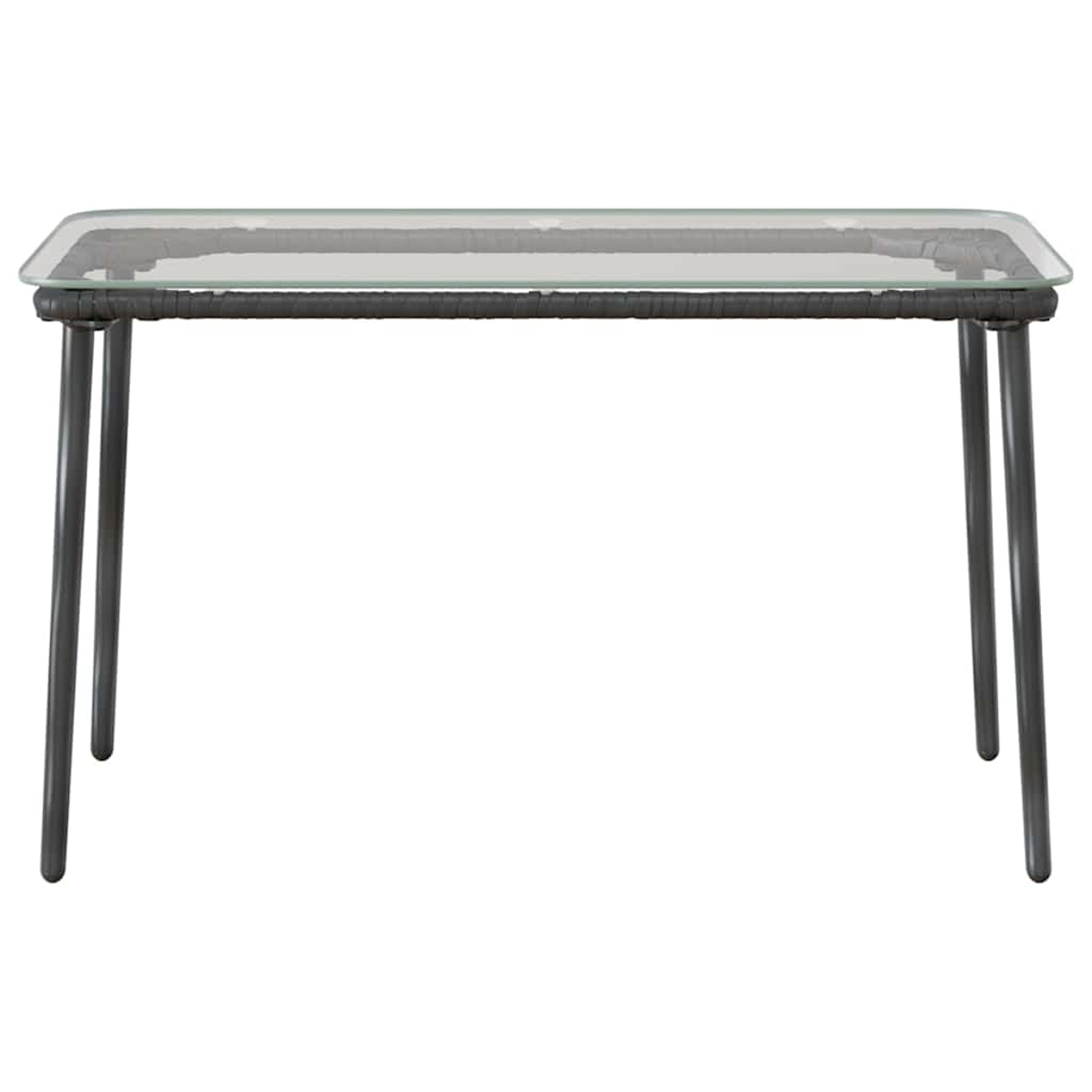 Ein rechteckiger Tisch mit Glasplatte und dunklen Metallbeinen. Der Rahmen des Tisches ist aus grauem Gewebematerial.