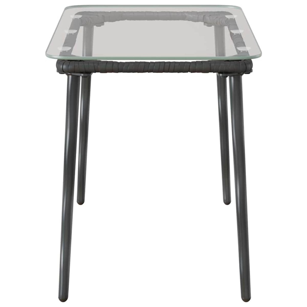 Ein kleiner quadratischer Glastisch mit dunkelgrauem Rahmen. Er hat vier Beine und ein gewebtes Design am oberen Rand.