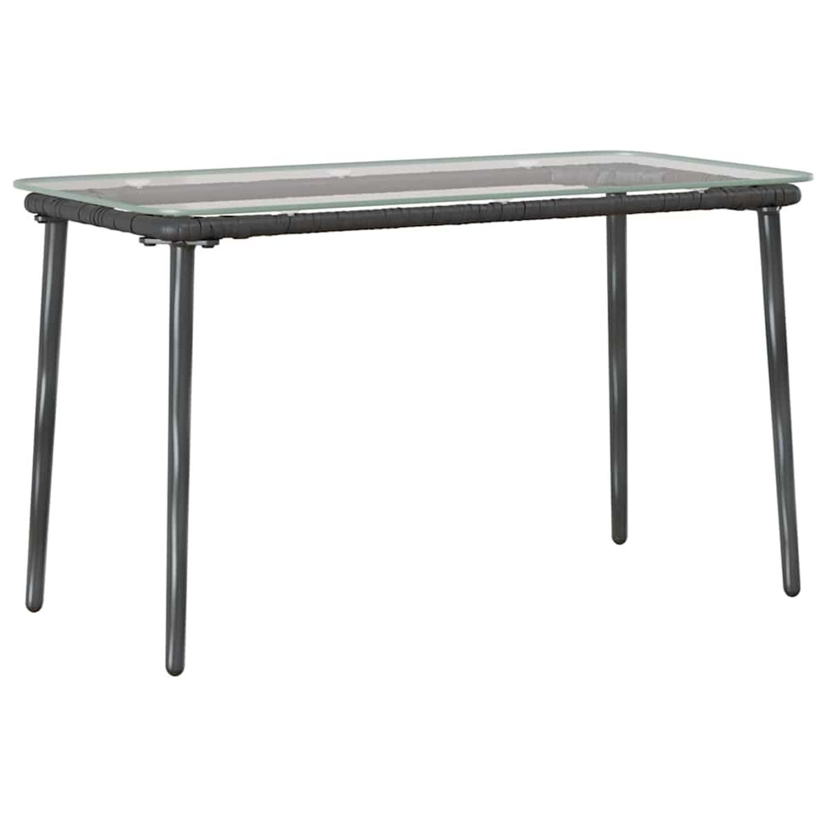 Ein rechteckiger Tisch mit Glasplatte und schwarzen Beinen. Der Tisch hat eine dunkle gewebte Umrandung.