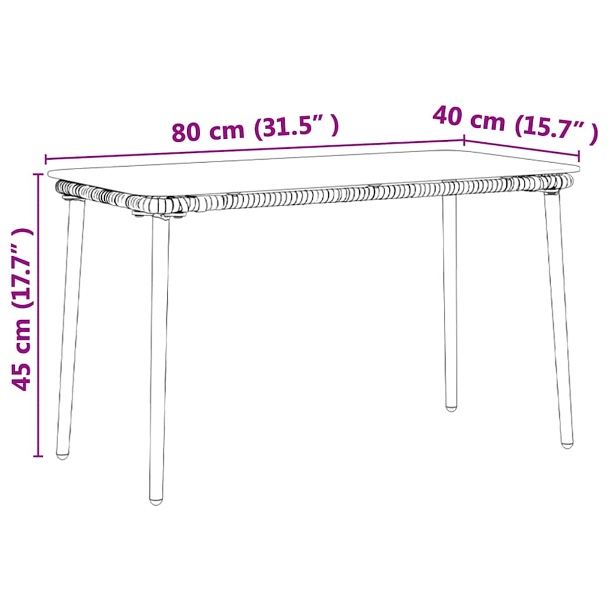 Strichzeichnung eines Tisches mit Maßangaben: 80 cm lang, 40 cm breit und 45 cm hoch. Der Tisch hat vier Beine.