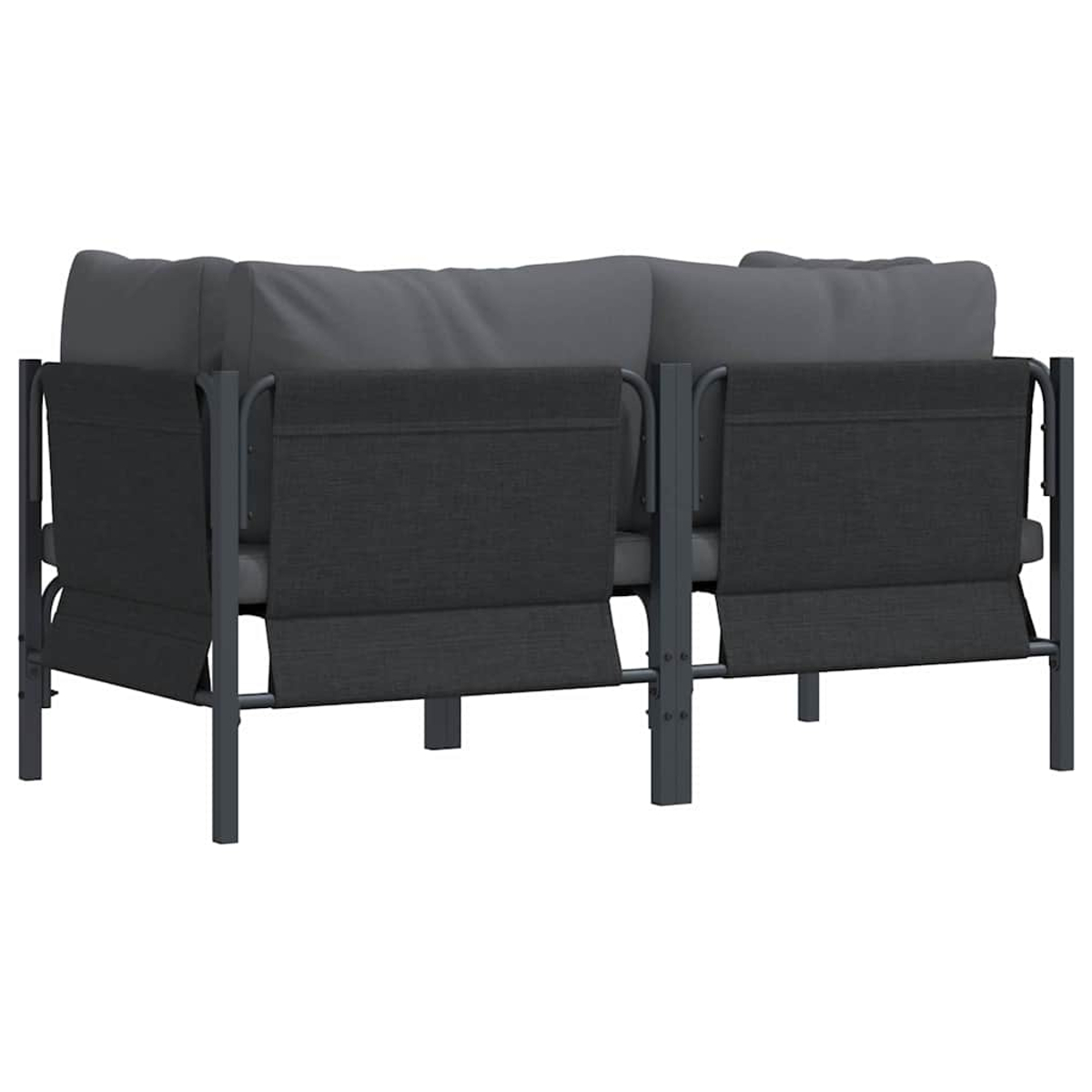 Ein graues Outdoor-Zweisitzer-Sofa mit Metallrahmen. Es hat graue Kissen und Stofflehnen. Das Sofa wird von hinten gesehen.