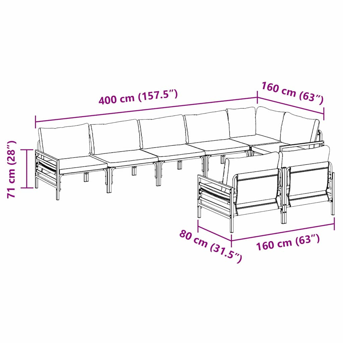 Diagramm eines großen Outdoor-Sofasets. Abmessungen sind in cm und Zoll für jeden Abschnitt und die Gesamtlänge angegeben.