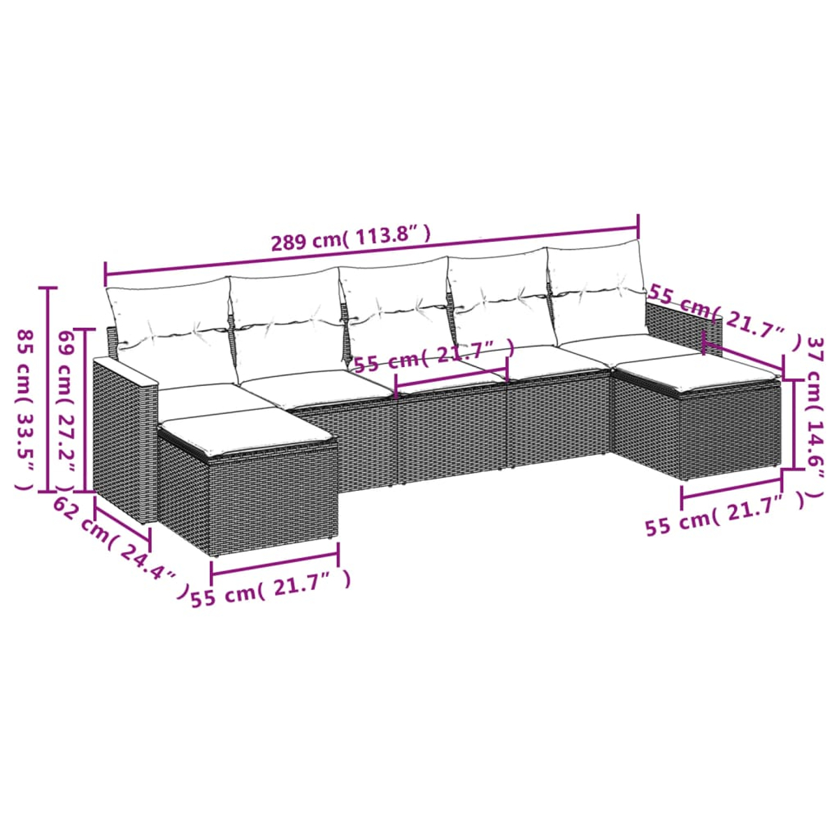 Ein Rattansofa mit weißen Kissen. Maße sind in Zentimetern angegeben. Das Sofa steht vor weißem Hintergrund.