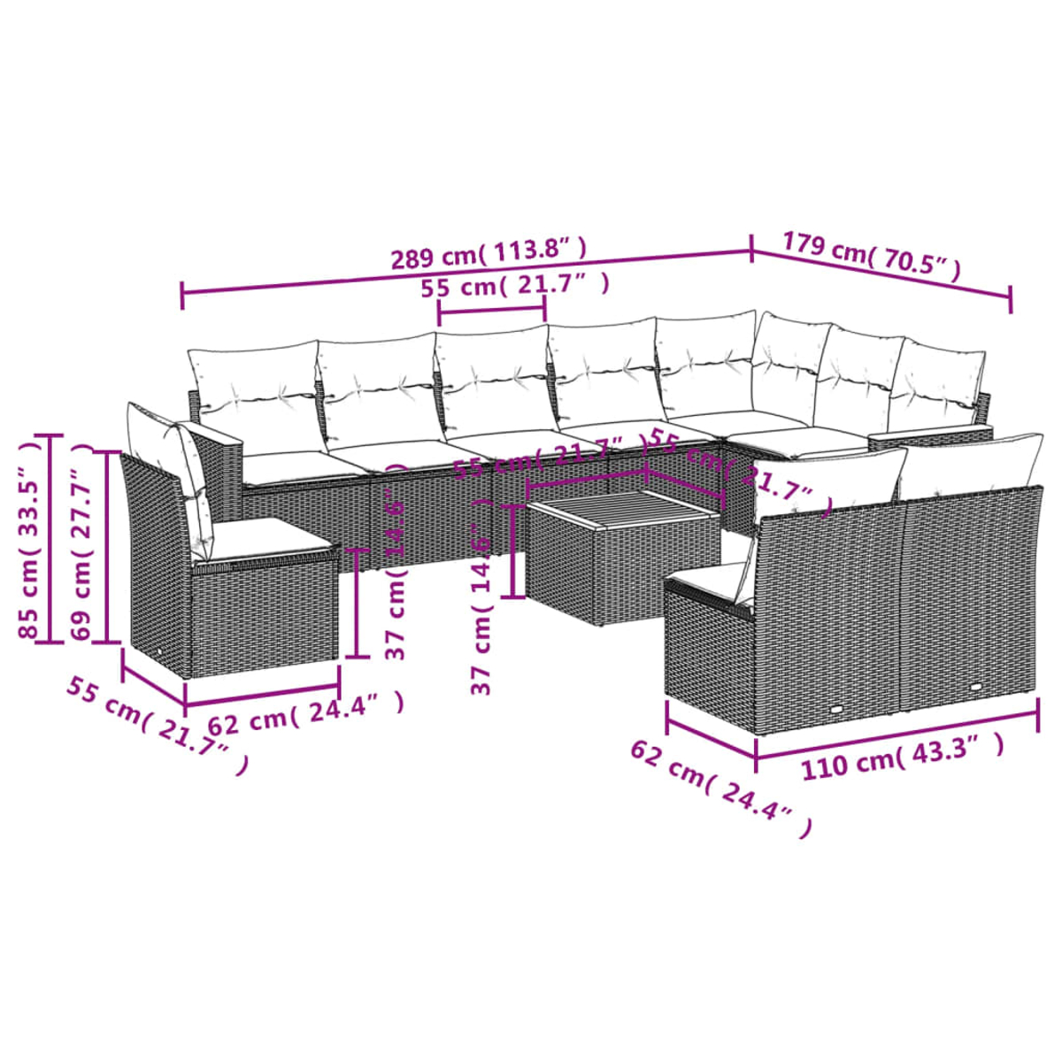 Ein Diagramm zeigt ein Outdoor-Ecksofa-Set mit Abmessungen. Es umfasst ein großes Sofa, zwei Sessel und einen kleinen quadratischen Tisch.