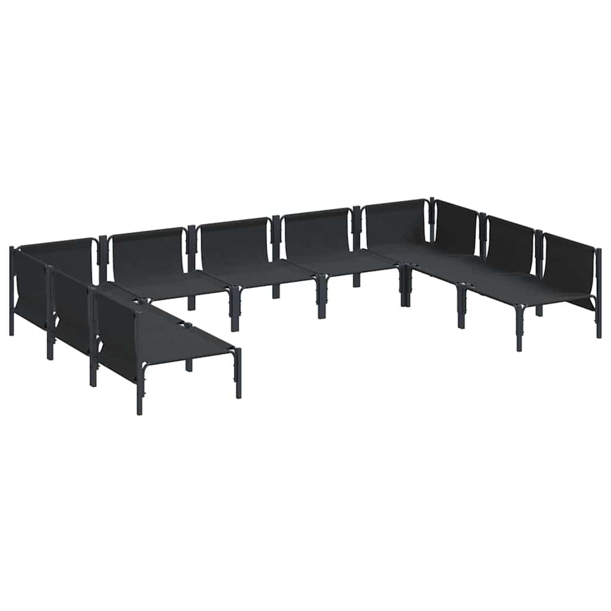 Anordnung schwarzer Outdoor-Liegestühle in U-Form. Jeder hat einen dunklen Rahmen und einen Stoffbezug vor weißem Hintergrund.