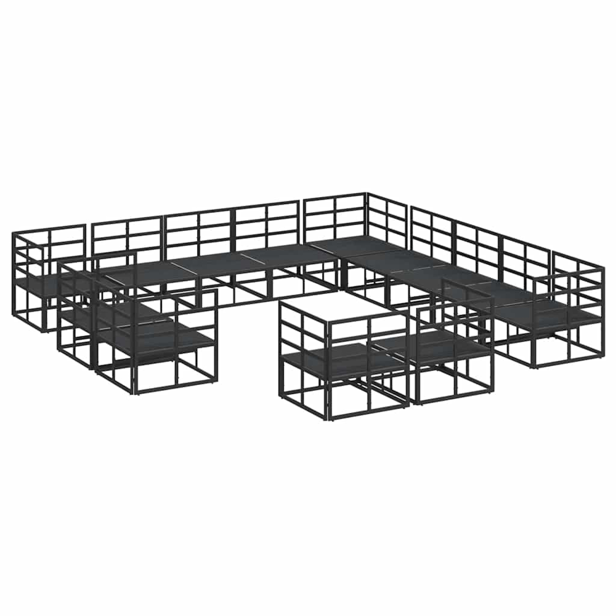 Eine modulare Bühnenstruktur aus schwarzem Metall. Sie hat mehrere Plattformen, Treppen und Geländer, angeordnet in einem mehrstufigen Design.