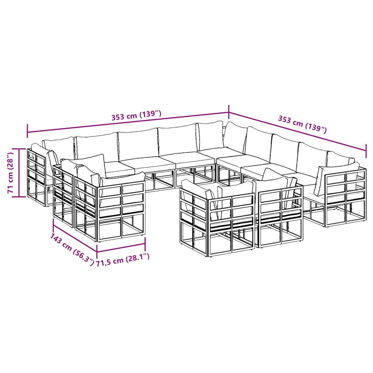 Diagramm eines Outdoor-Ecksofas mit Maßangaben. Das Sofa hat mehrere Module und Kissen.