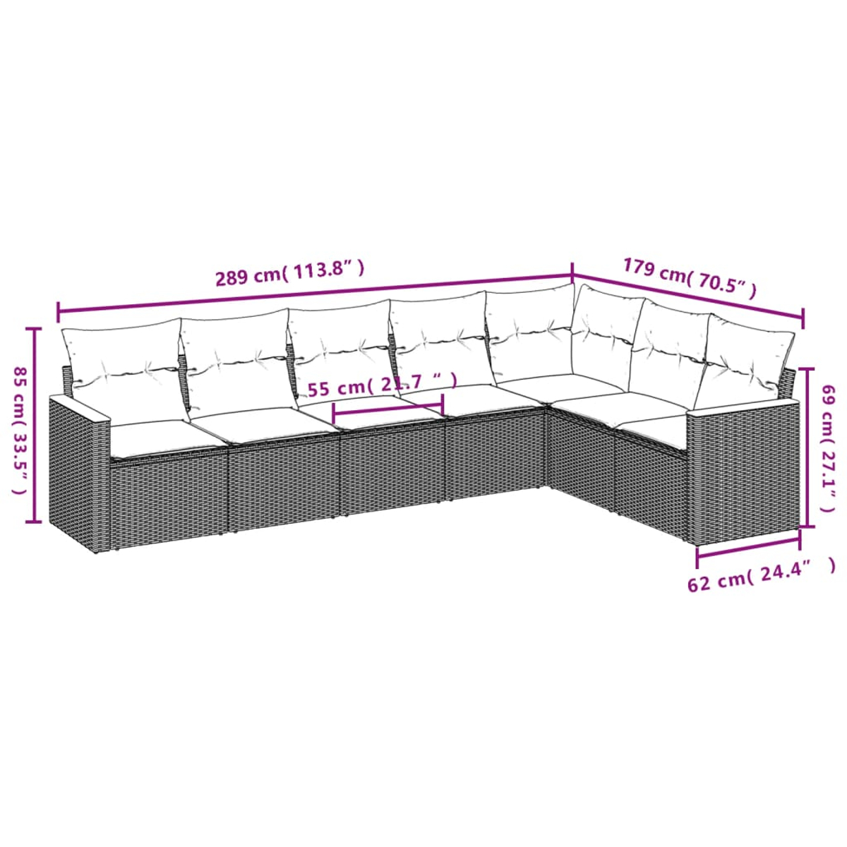 Ein L-förmiges Outdoor-Sofa. Es ist dunkelgrau mit beigefarbenen Kissen. Abmessungen sind in cm und Zoll angegeben.
