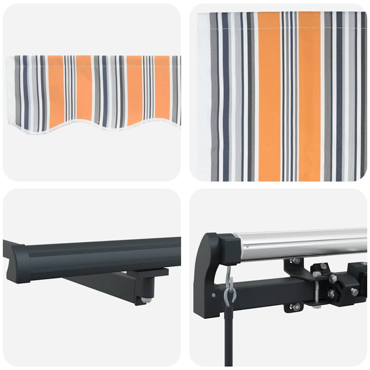 Le immagini mostrano una tenda da sole a strisce arancioni, bianche, grigie e blu navy. I dettagli includono il telaio in metallo e l'hardware di montaggio.