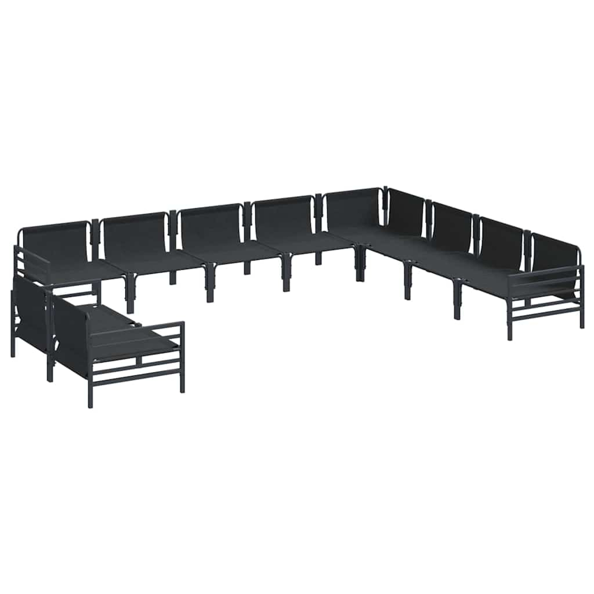 Ein modulares Outdoor-Sofaset mit schwarzen Stoffbezügen und dunklen Metallrahmen ist U-förmig angeordnet, mit einem zusätzlichen Einzelsitz.