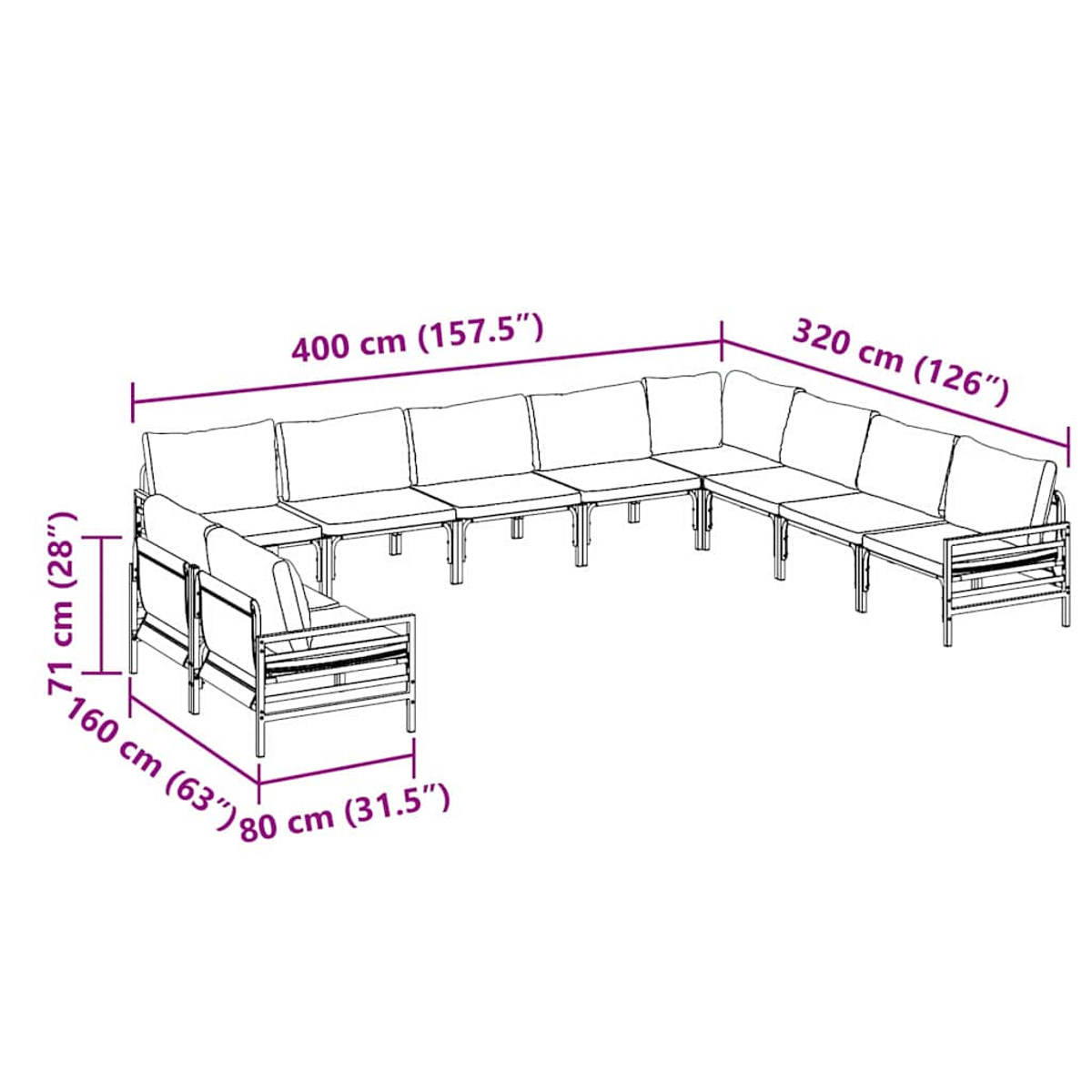 Ein großes Outdoor-Ecksofa mit Abmessungen. Das Sofa besteht aus mehreren Teilen. Die Abmessungen sind in cm und Zoll angegeben.