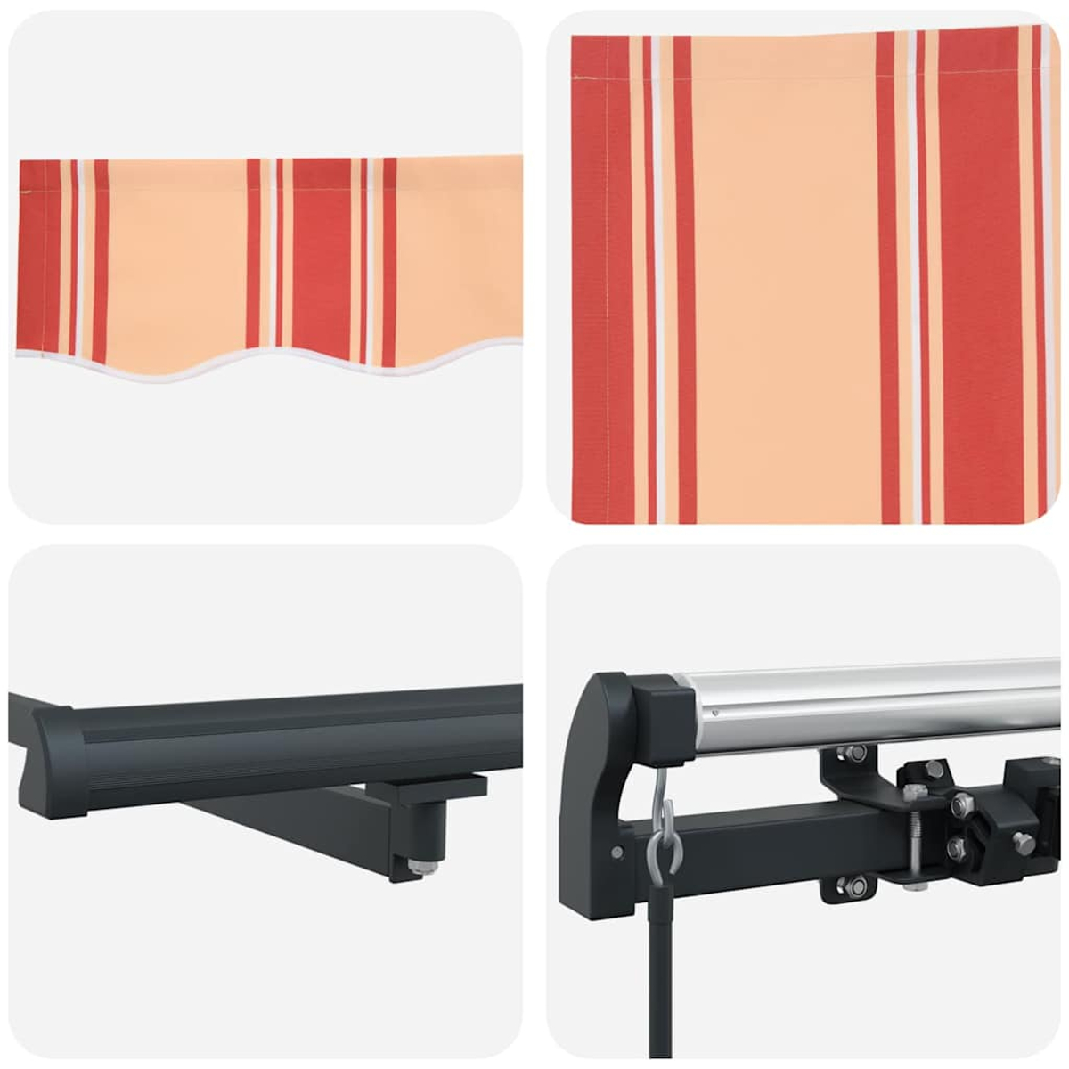 Primo piano del tessuto a righe della tenda da sole e delle strutture di supporto in metallo. I colori includono rosso, arancione e nero. La tenda da sole è a sezioni.