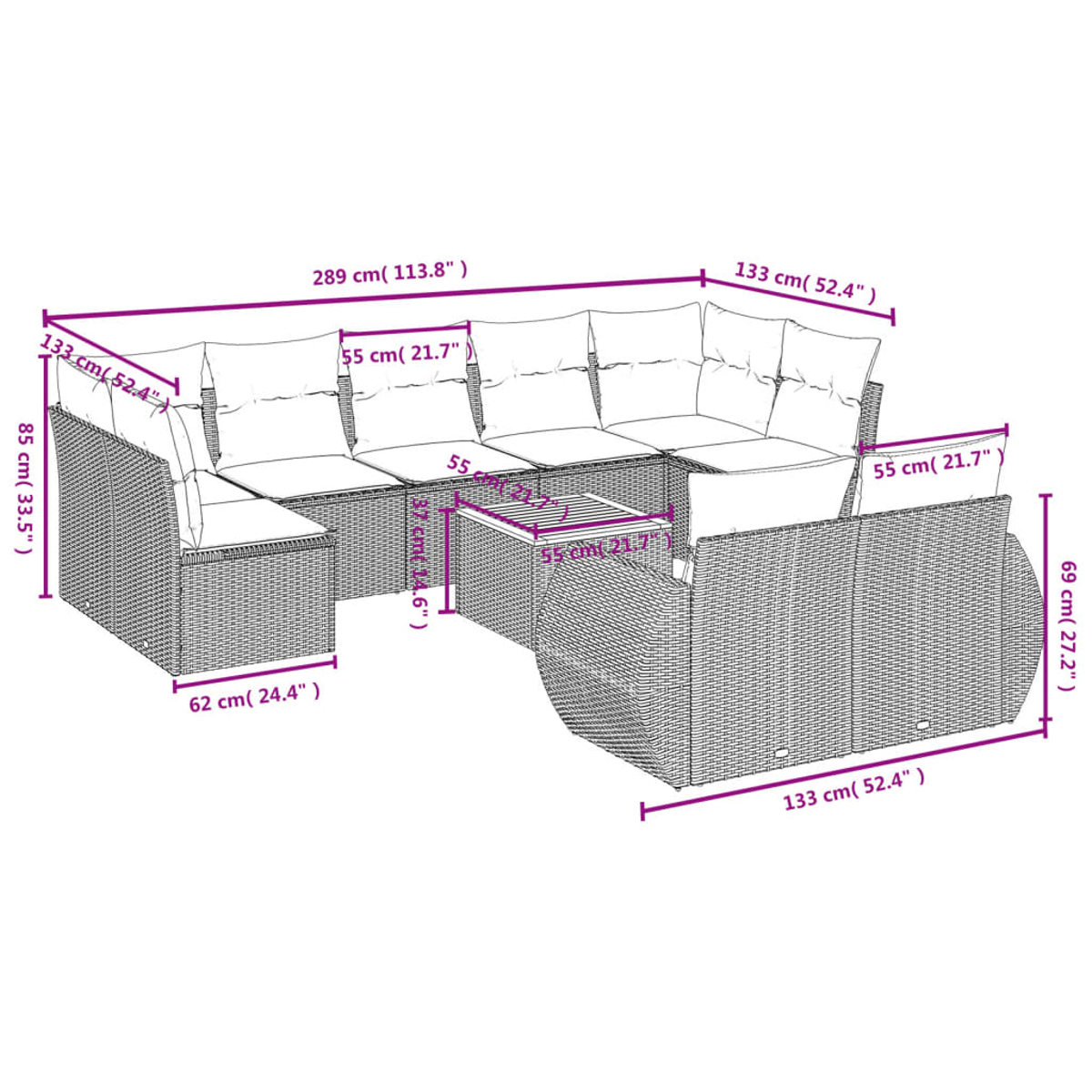 Un sofá seccional con cojines blancos y dimensiones. Hay una mesa pequeña en el medio, también con dimensiones.