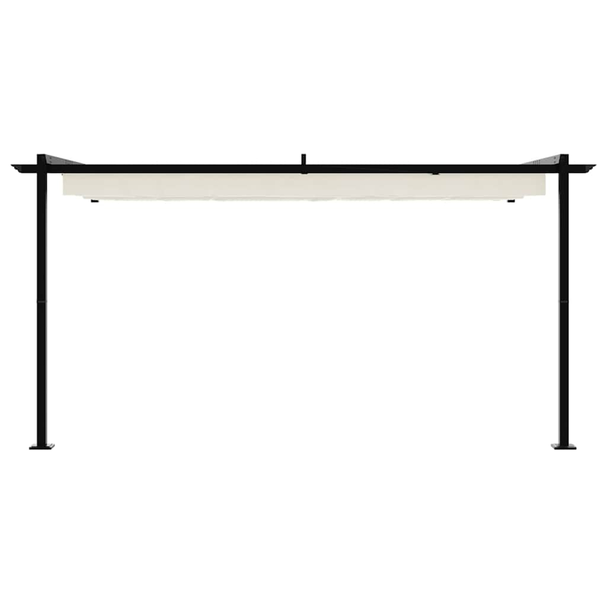 Schwarze Metallpergola mit beigem Baldachin vor weißem Hintergrund. Die Pergola hat vier vertikale Pfosten und eine rechteckige Oberseite.