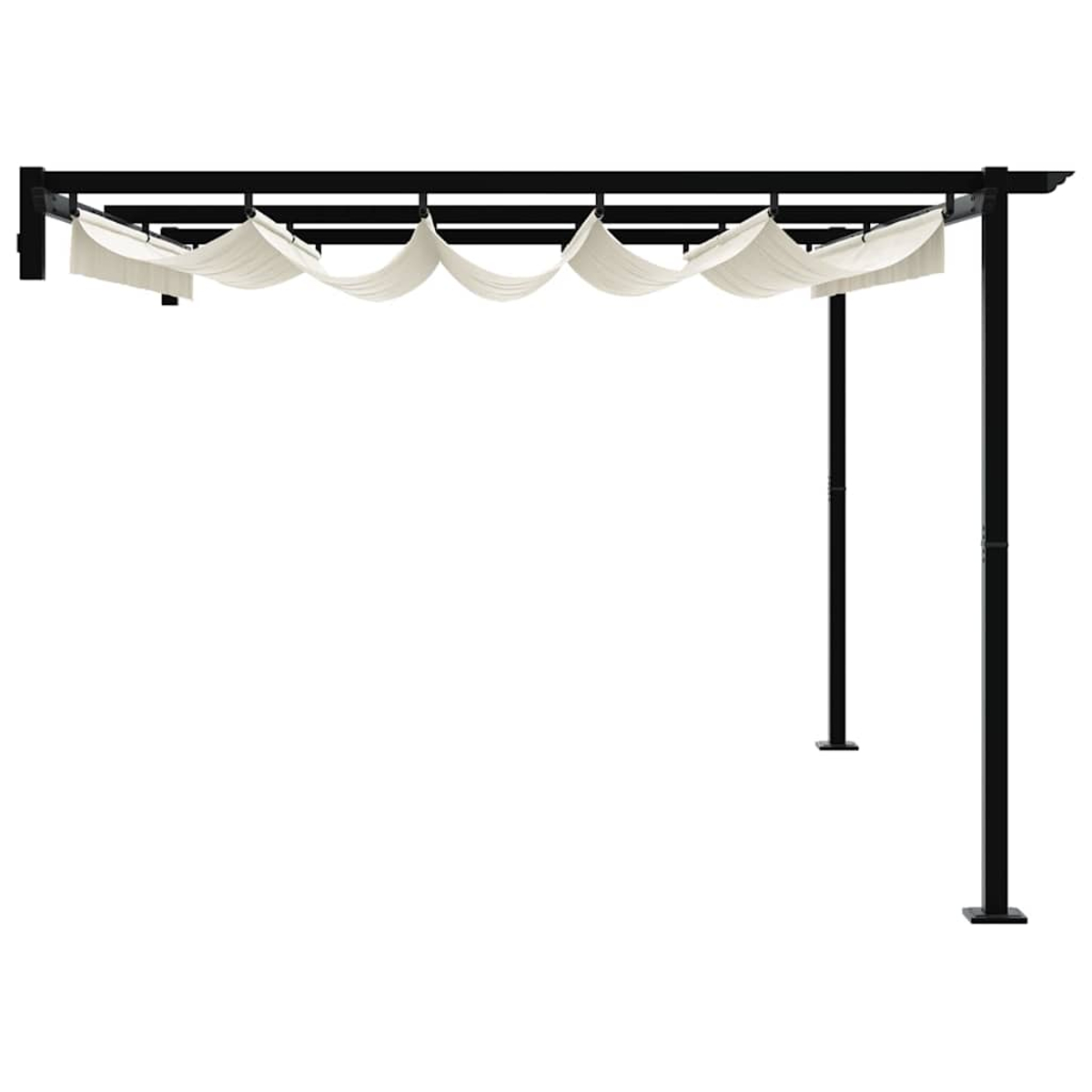 Schwarze Metallpergola mit cremefarbenem Stoff, der über die Oberseite drapiert ist. Vier schwarze Pfosten stützen die Struktur, vor weißem Hintergrund.