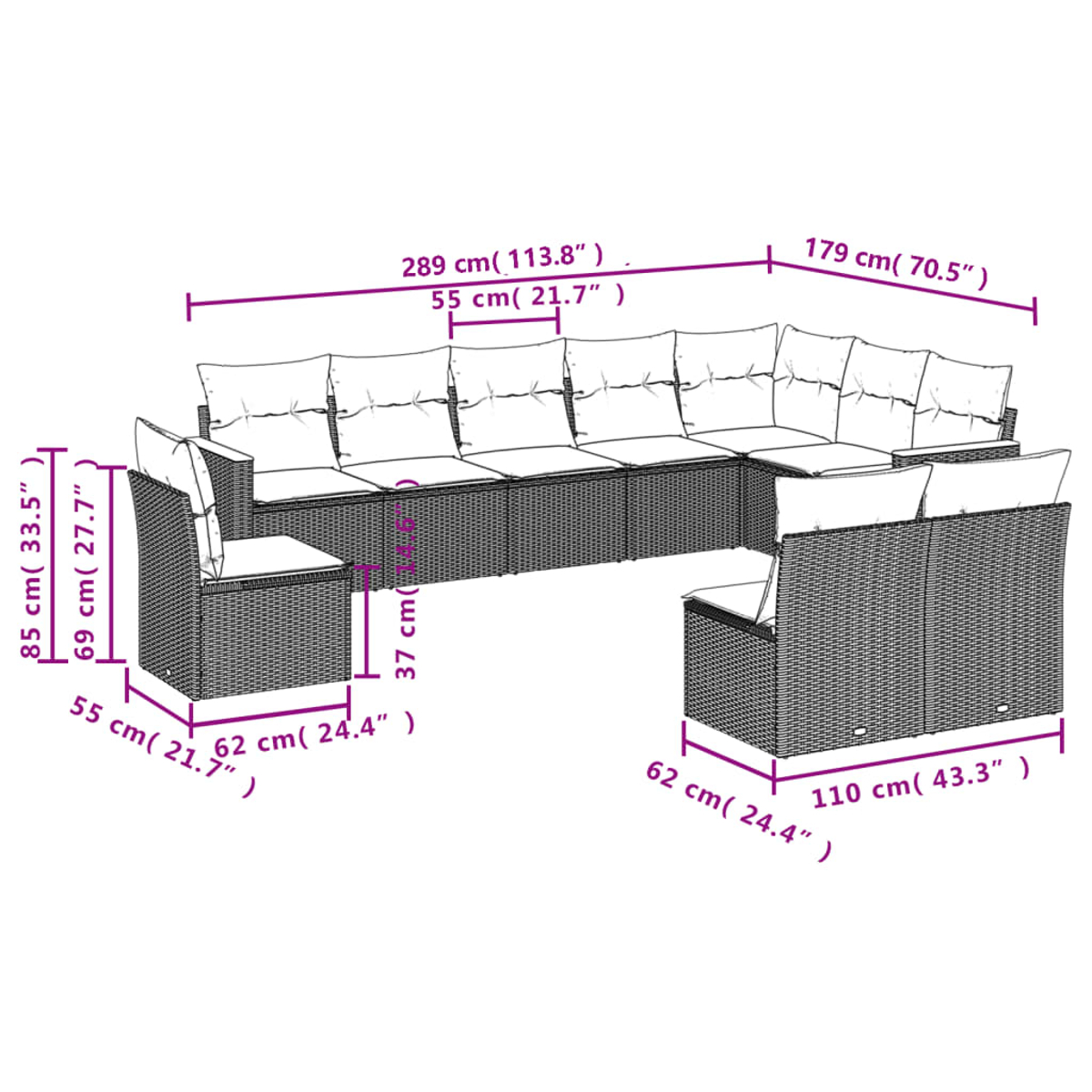 Ein Ecksofa für den Außenbereich mit angegebenen Abmessungen. Es besteht aus gewebtem Material und hat weiße Kissen. Maße sind angegeben.