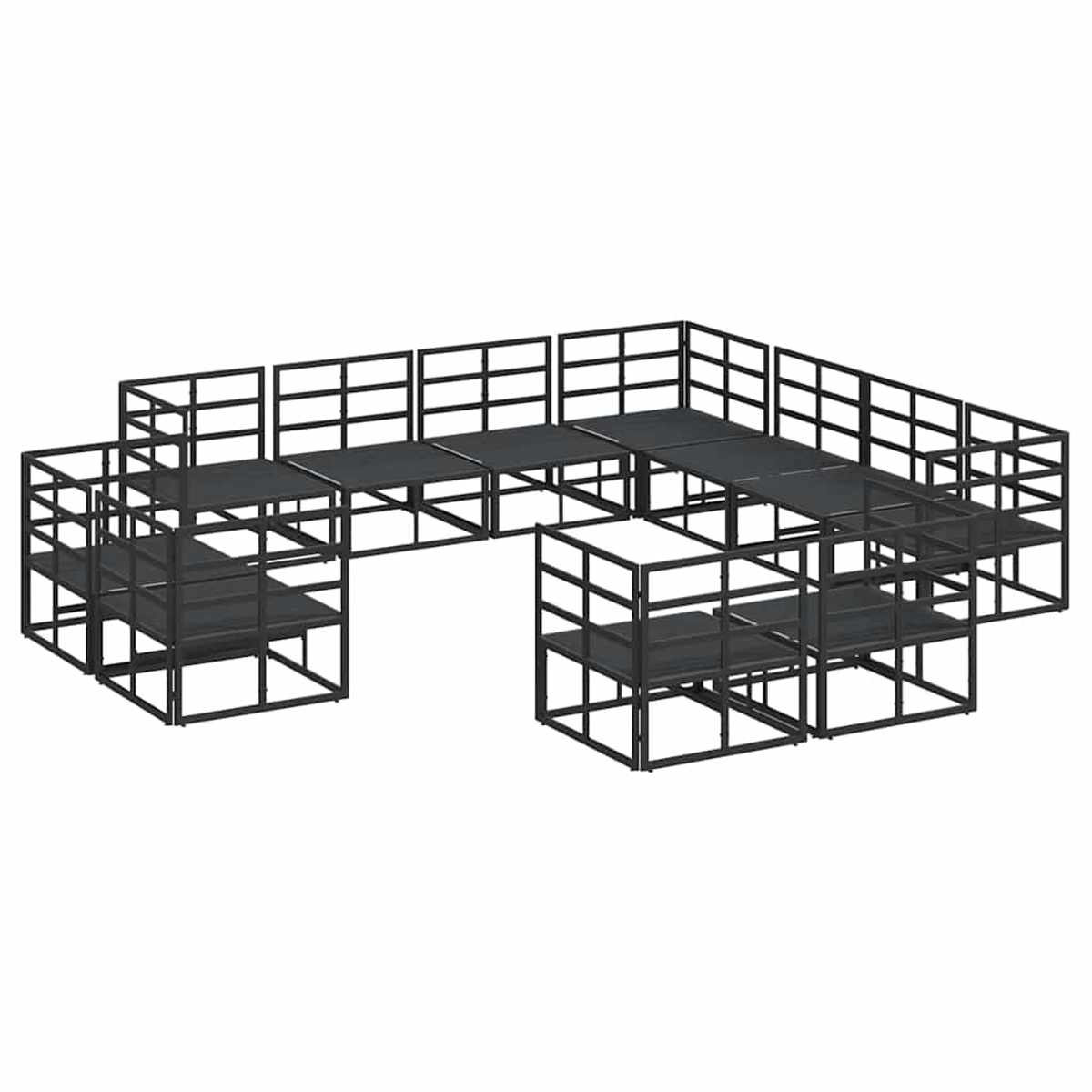 Eine abstrakte schwarze Metallkonstruktion mit mehreren Plattformen und Geländern, angeordnet in einem modularen, geometrischen Design vor weißem Hintergrund.