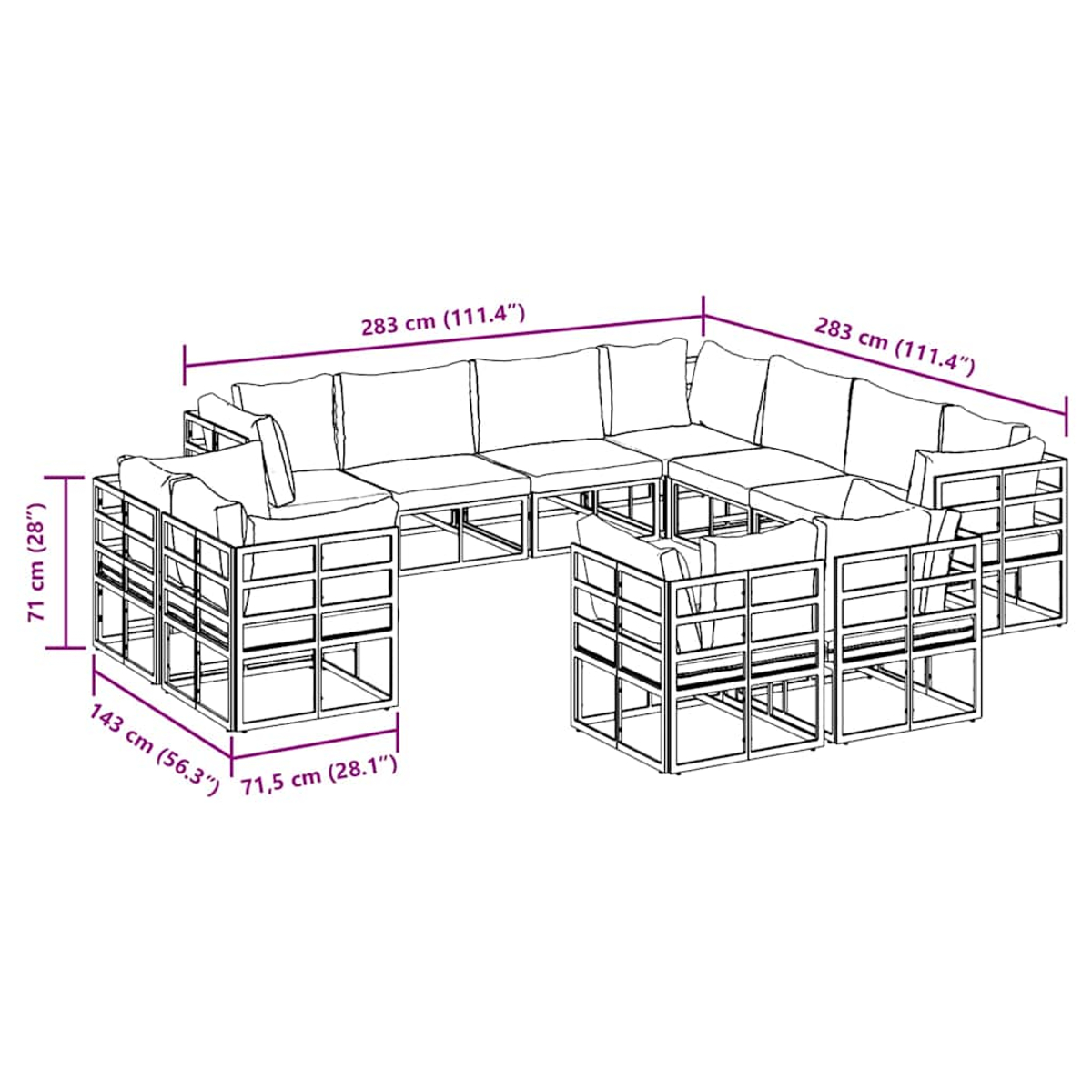 Ein Outdoor-Ecksofa mit Kissen. Das Sofa ist schwarz und hat mehrere Abschnitte. Abmessungen sind angegeben.
