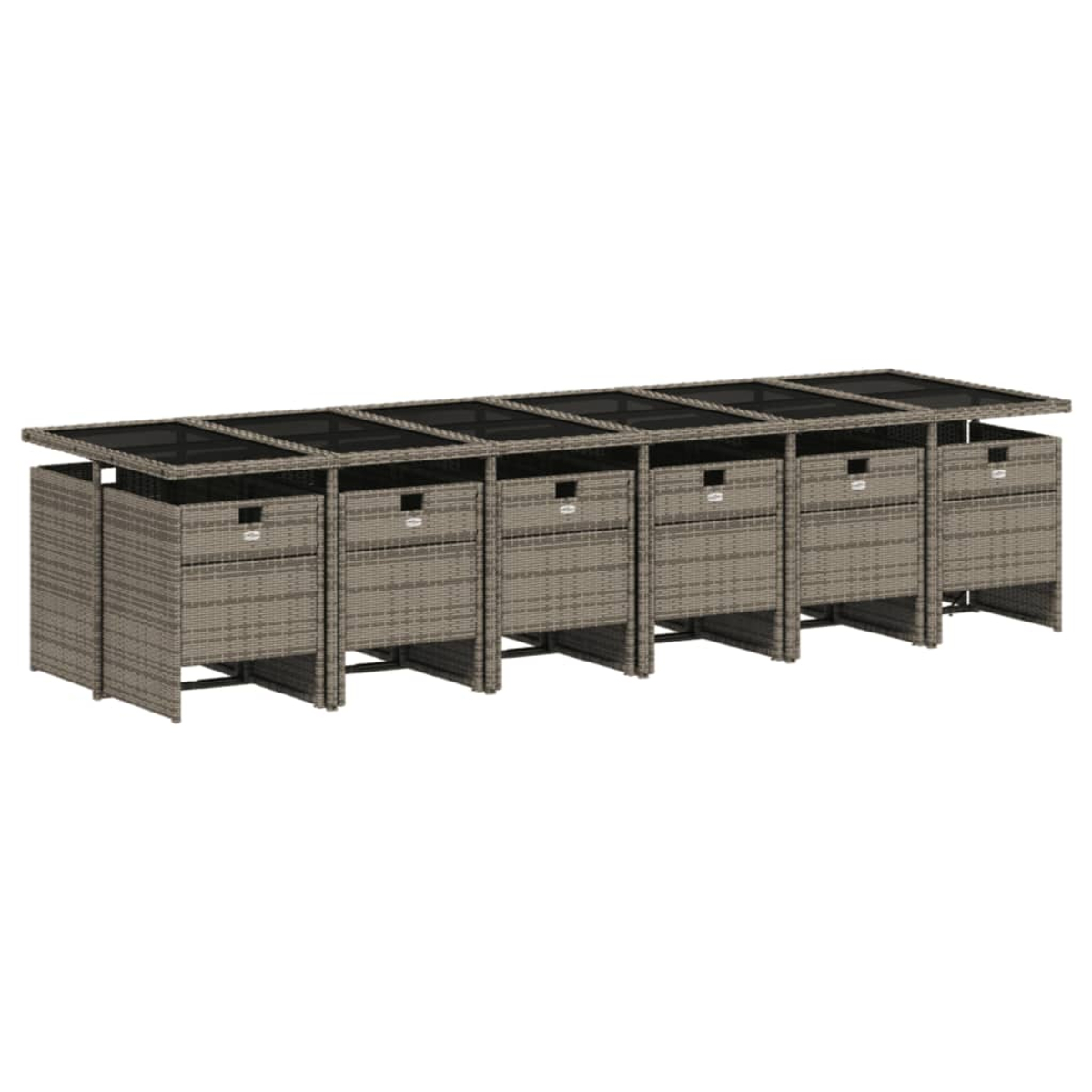 Una unidad de almacenamiento exterior larga y rectangular. Tiene seis compartimentos con cajones. Cada uno tiene una parte superior oscura y un cuerpo tejido de color marrón claro.