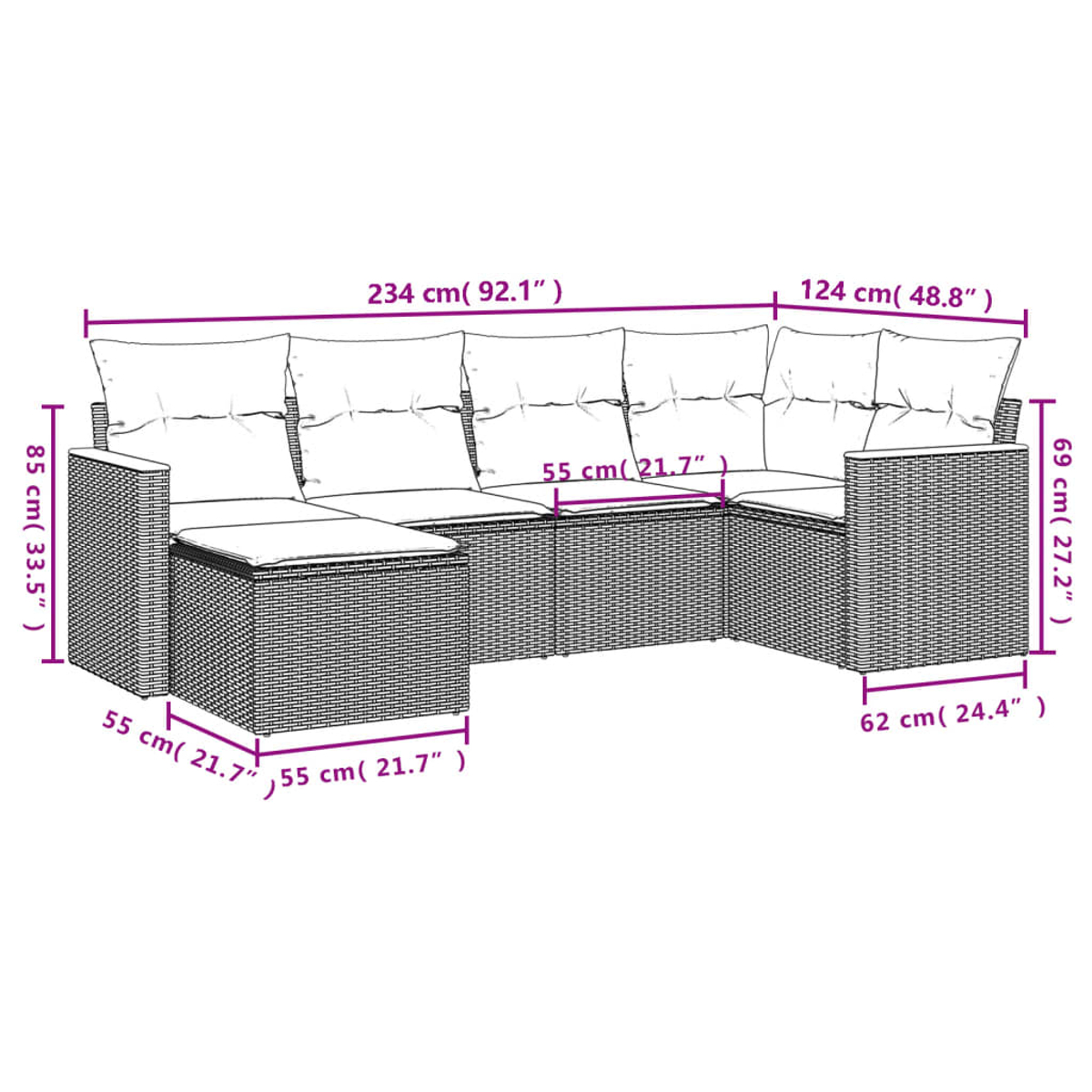 Graues Rattan-Ecksofa mit weißen Kissen. Abmessungen sind in cm und Zoll angegeben.