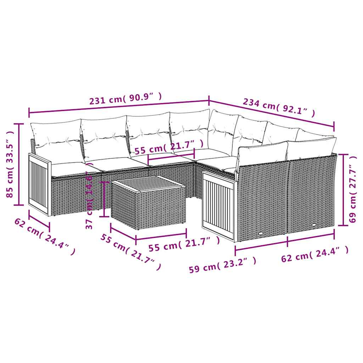 Ein Eck-Wicker-Sofaset mit beschrifteten Abmessungen. Inklusive kleinem Tisch, Kissen und Armlehnen. Maße in cm und Zoll.