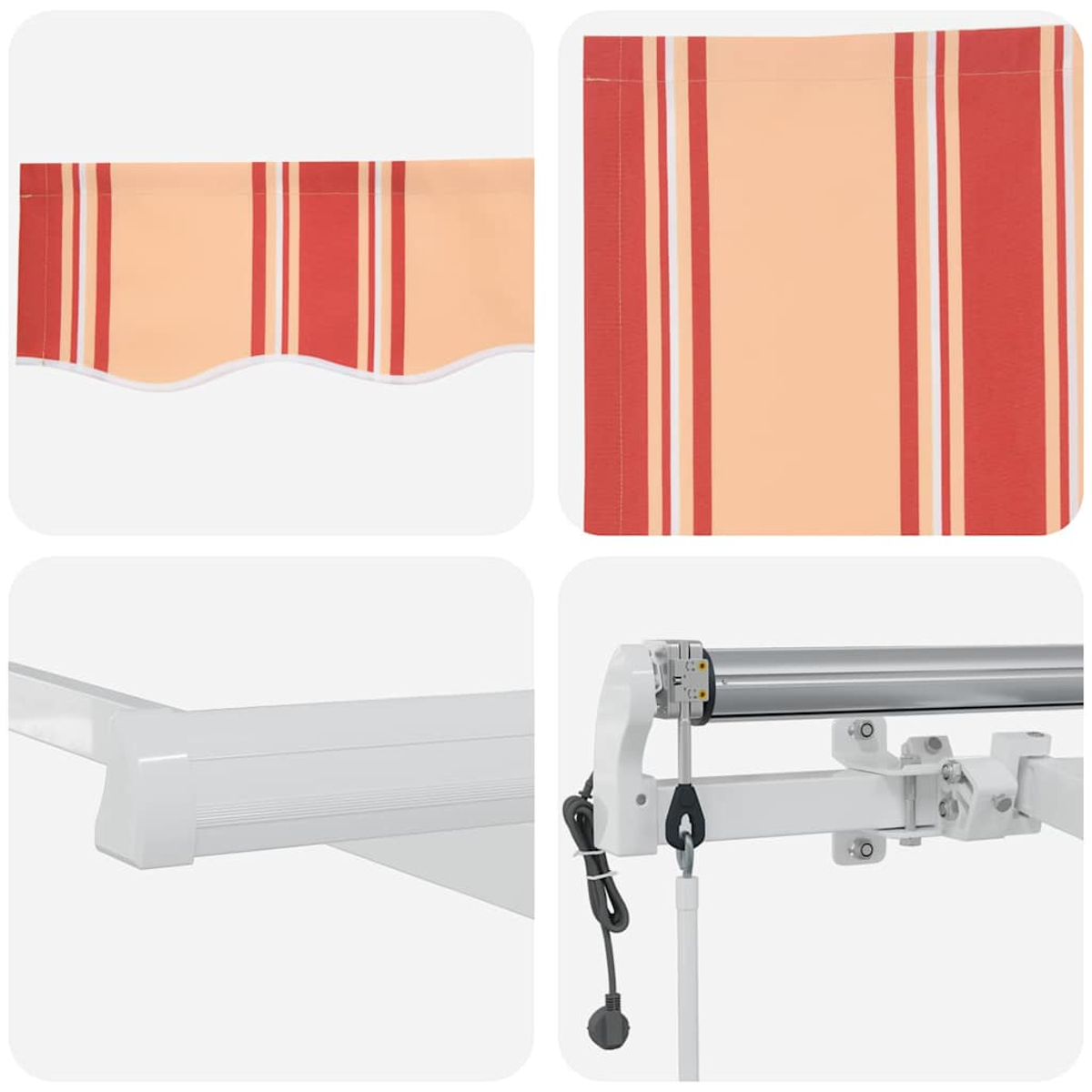 Vier Bilder: Markisenstoff mit roten Streifen, Markisenmechanismus und weiße Rahmenteile. Farben sind Orange, Rot und Weiß.