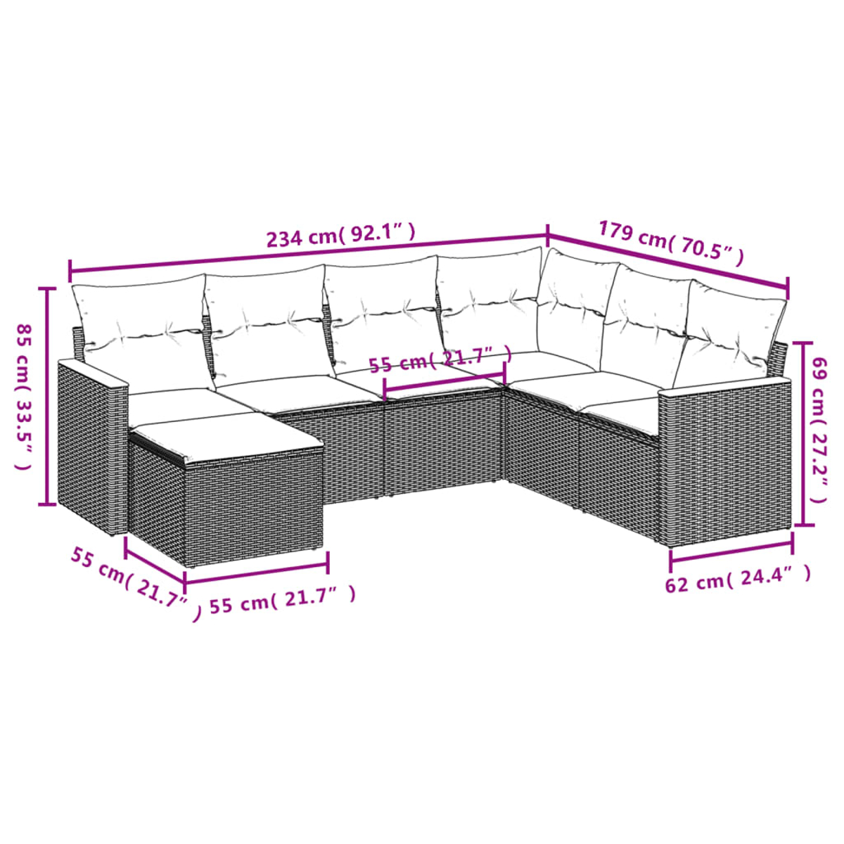Ein großes, graues Ecksofa aus Korbgeflecht mit weißen Kissen. Maße sind in Zentimetern und Zoll angegeben.