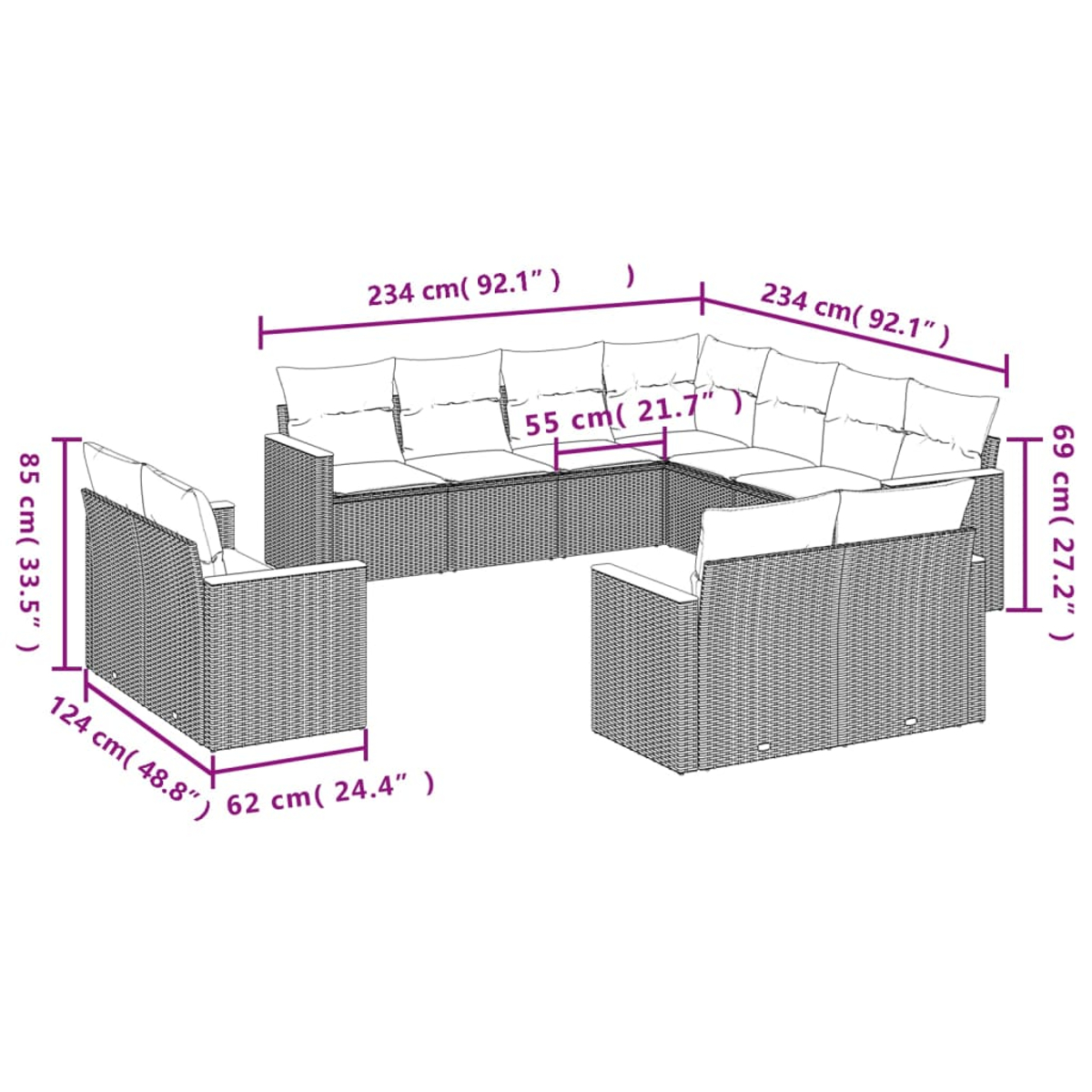 Ein geflochtenes Outdoor-Ecksofa mit Abmessungen und Beschriftungen vor weißem Hintergrund, das seine Größe und sein Design zeigt.