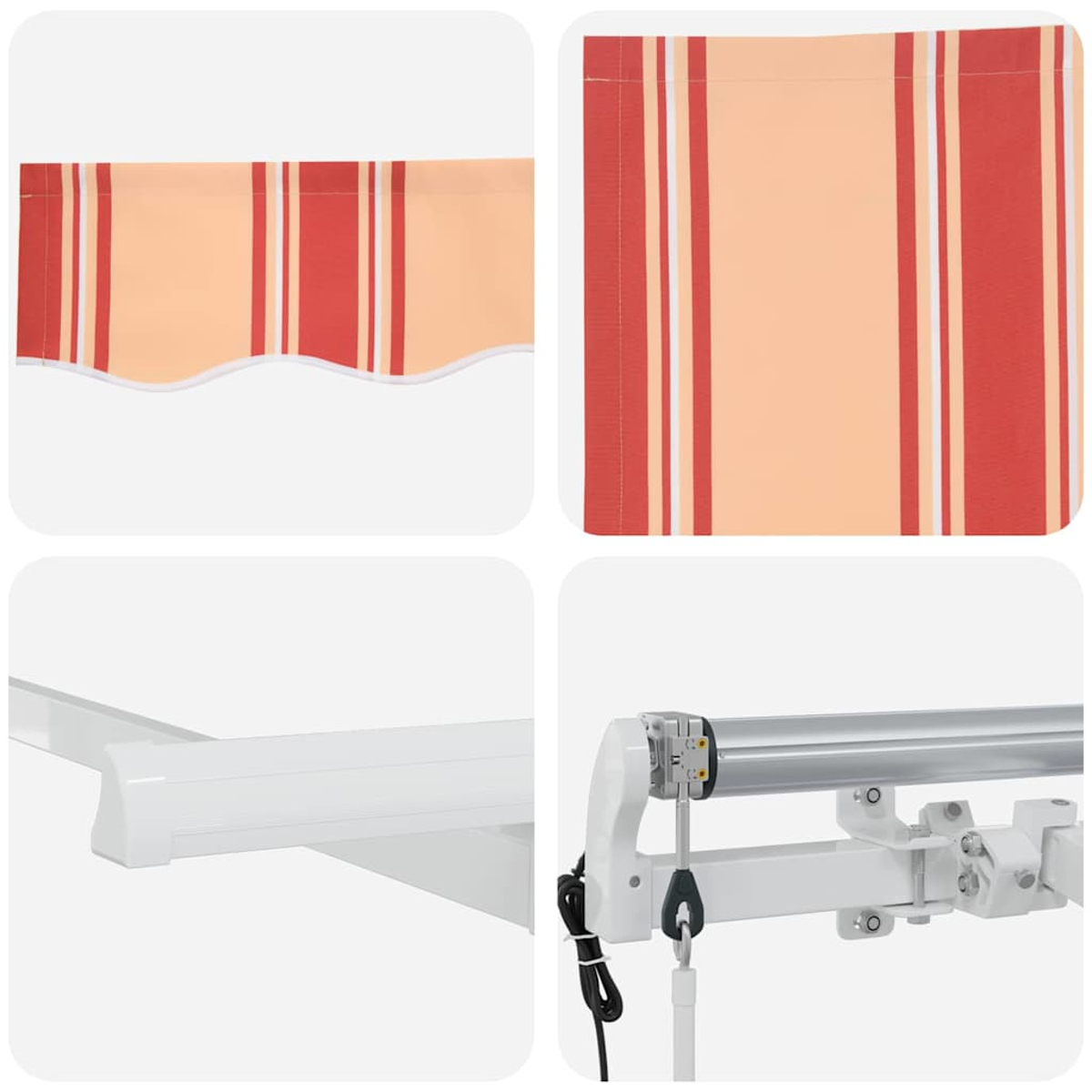Nahaufnahme von gestreiftem Markisenstoff, weißem Rahmen und mechanischen Komponenten. Farben sind Orange, Rot und Weiß. Details der Baugruppe sind sichtbar.