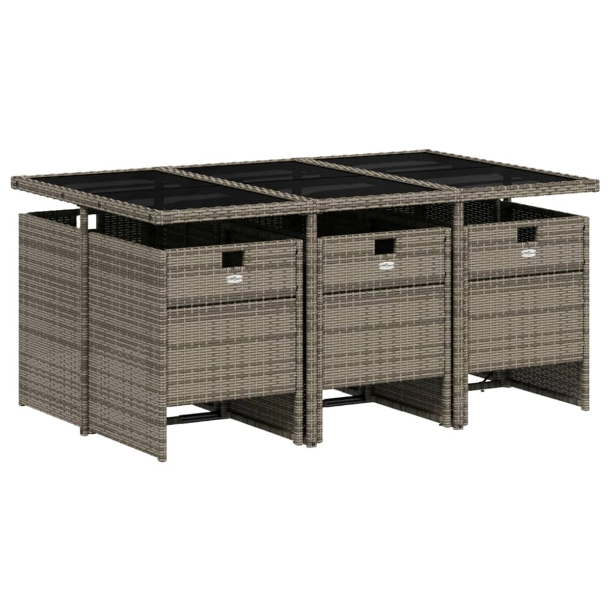 Essgruppe aus Korbgeflecht mit Tischplatte aus Glas und integrierten Schubladen.