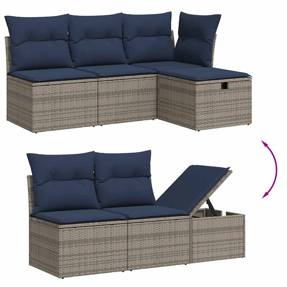Outdoor-Ecksofa mit blauen Kissen auf grauem Webgestell. Ein Teil öffnet sich. Gebogener Pfeil zeigt Bewegung an.